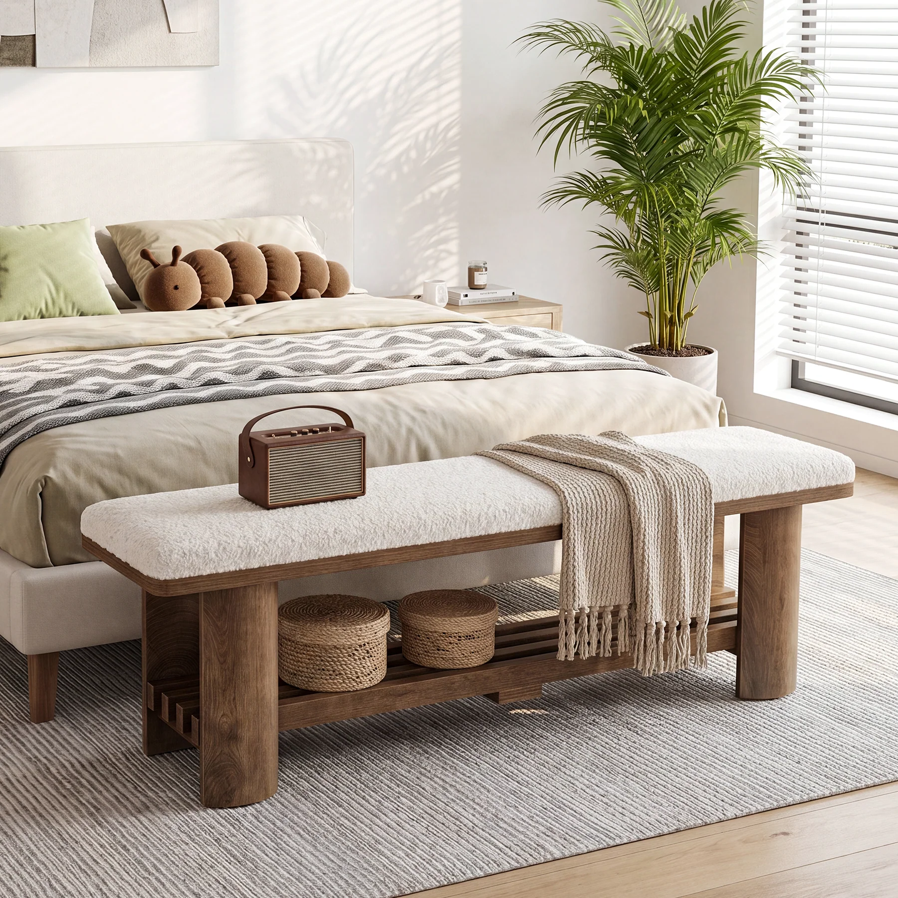 62.9" End of Bed Bench with Faux Lamb Wool Cushion for Bedroom - Image 4