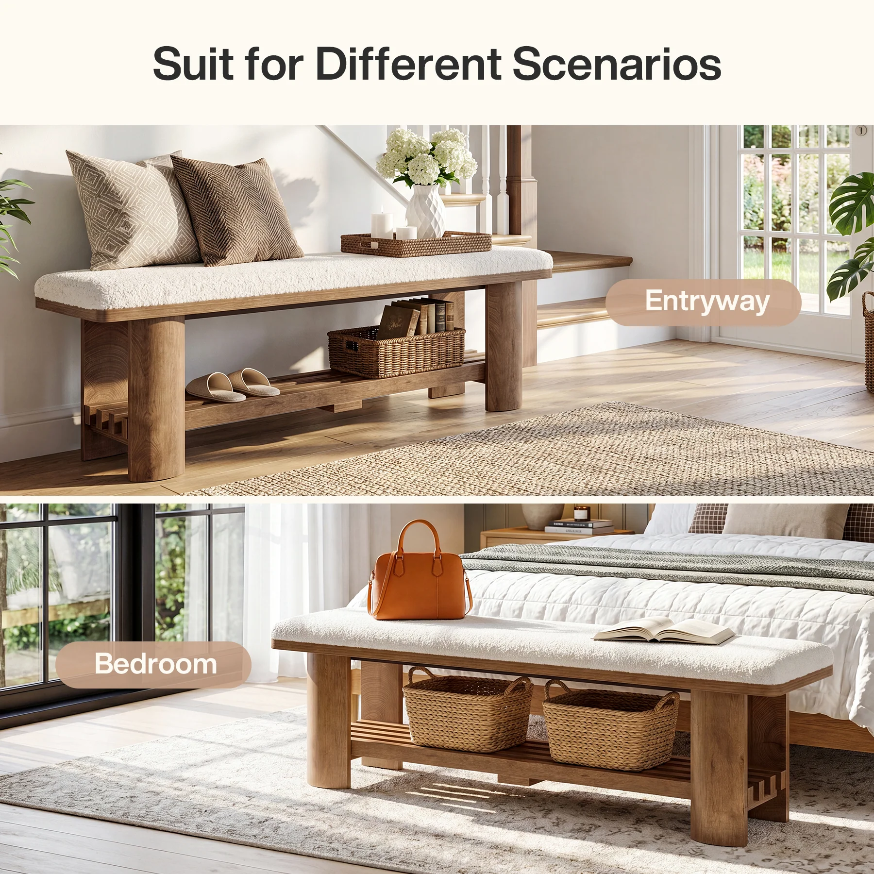 62.9" End of Bed Bench with Faux Lamb Wool Cushion for Bedroom - Image 6