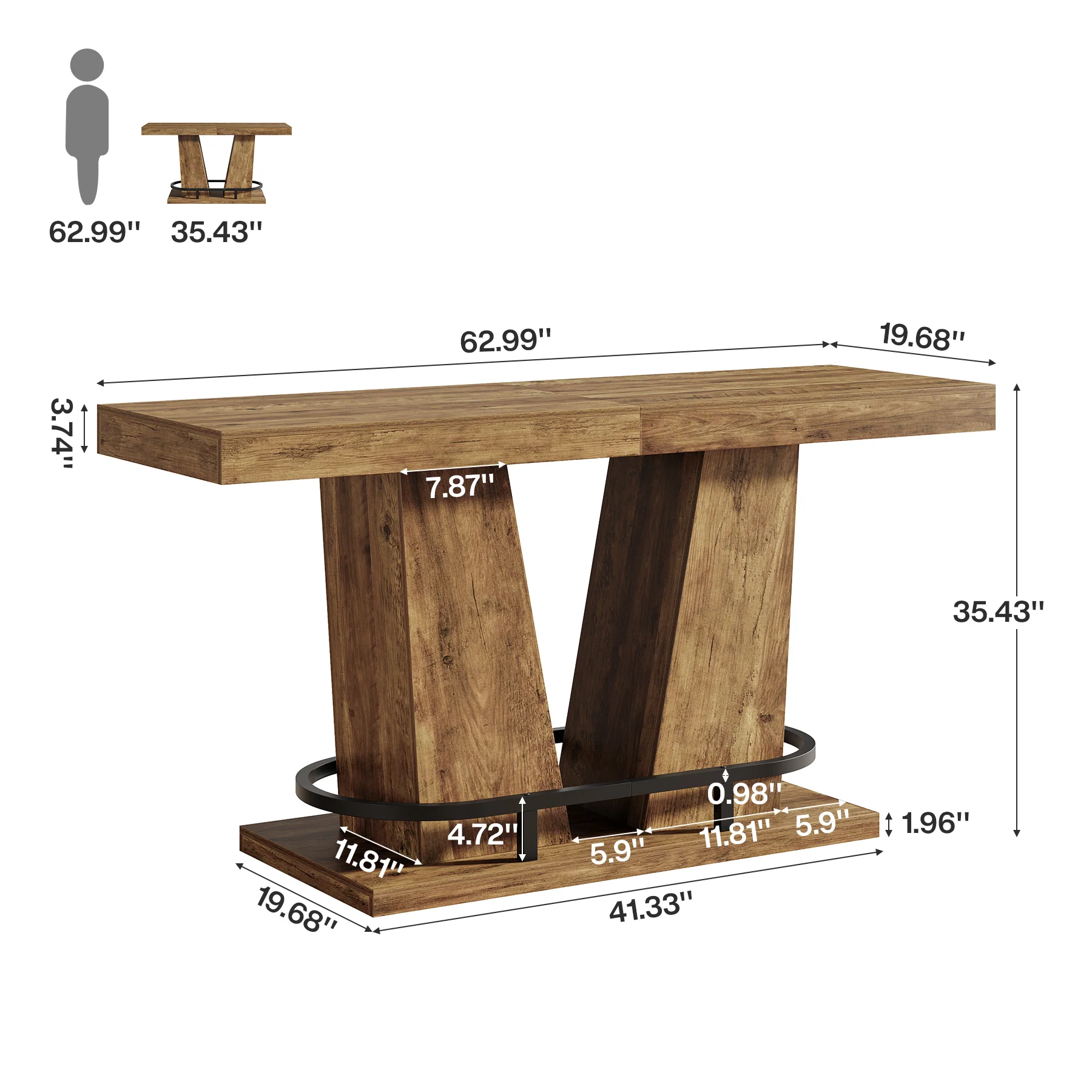 62.99" Bar Table for 4-6, Rectangle Counter Height Pub Table with Metal Footrest - Image 2