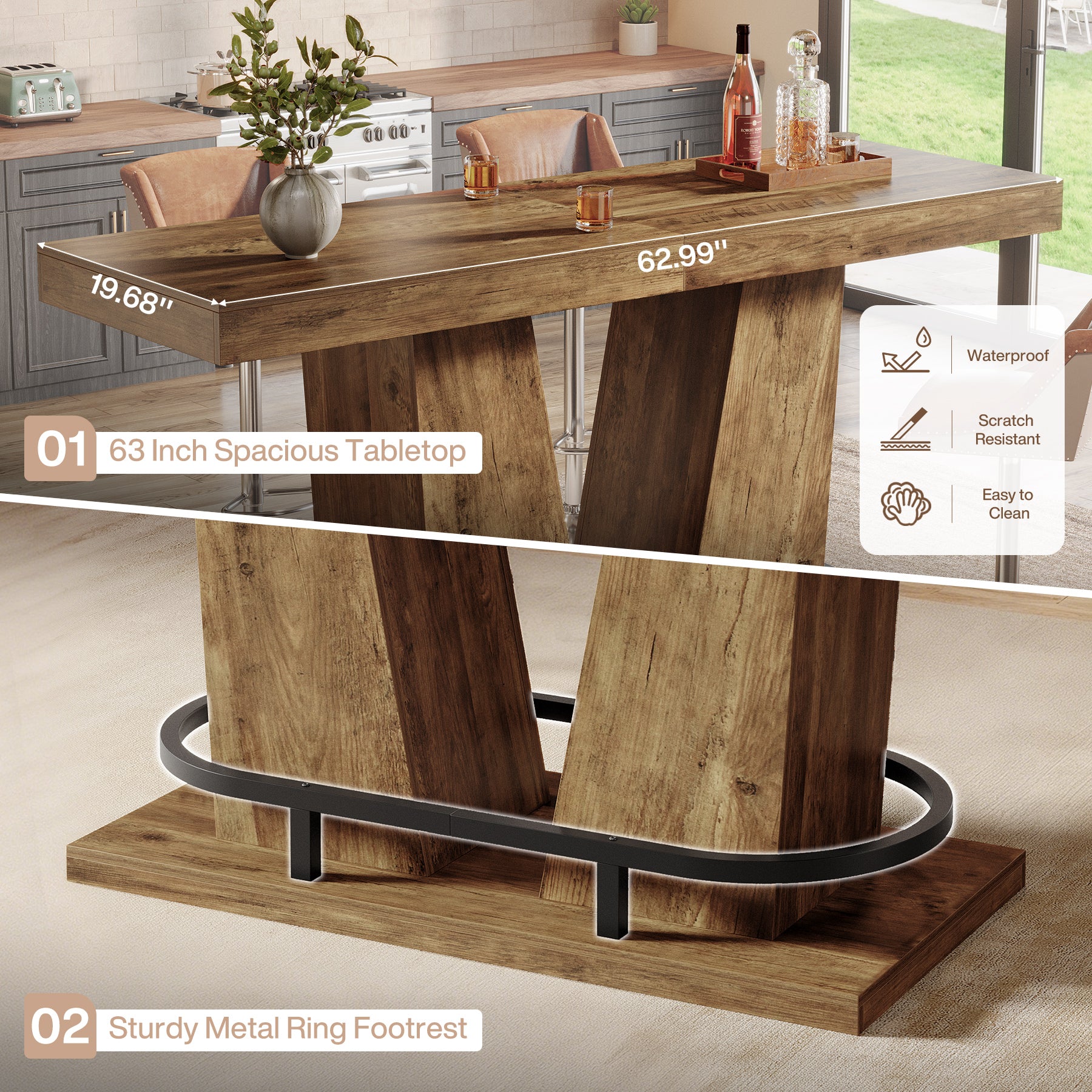 62.99" Bar Table for 4-6, Rectangle Counter Height Pub Table with Metal Footrest - Image 6