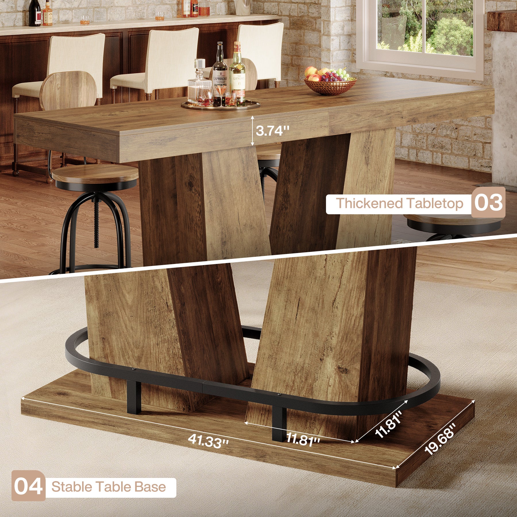 62.99" Bar Table for 4-6, Rectangle Counter Height Pub Table with Metal Footrest - Image 7