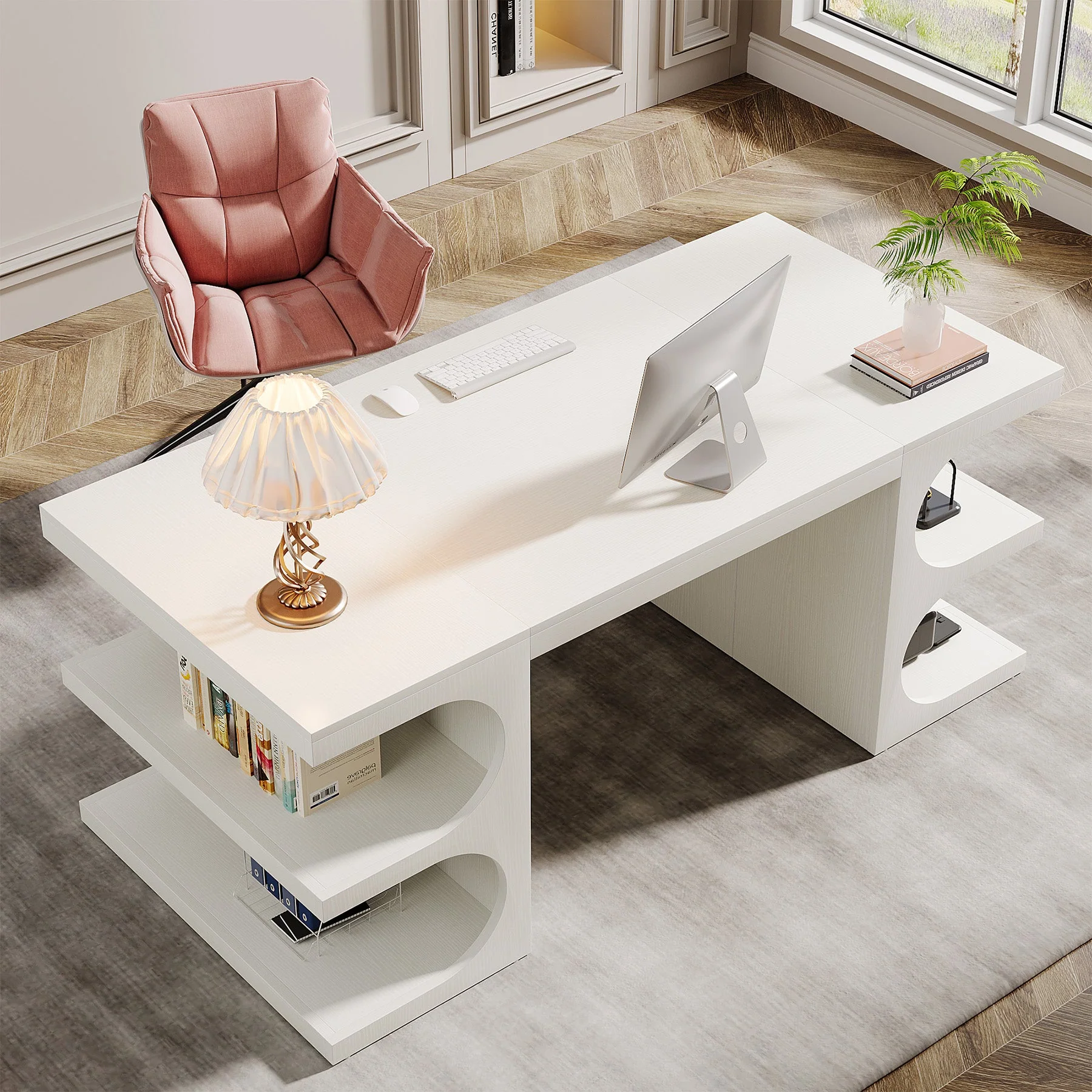 62" Executive Desk, Modern Office Computer Desk with Storage Shelves - Image 3