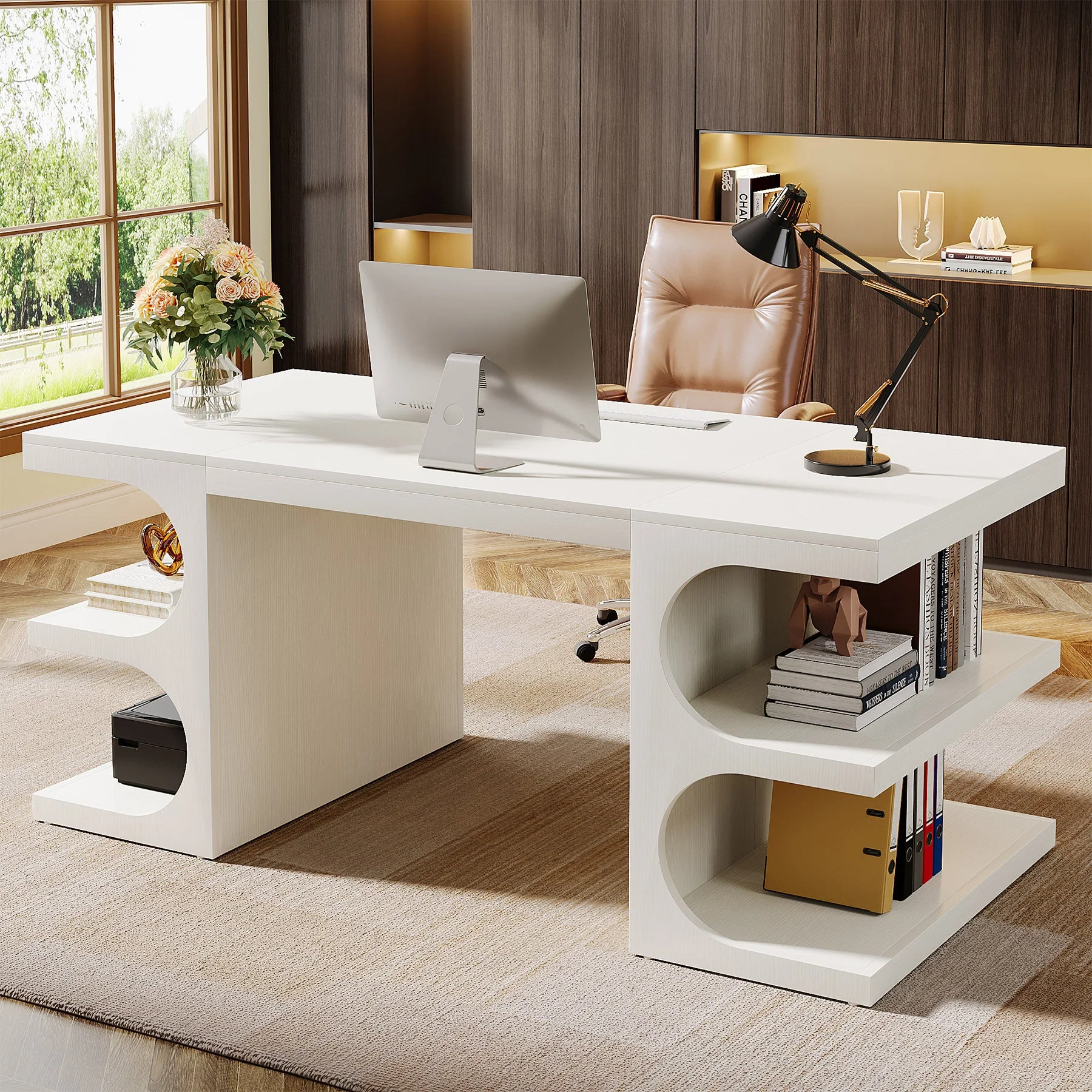 62" Executive Desk, Modern Office Computer Desk with Storage Shelves - Image 4