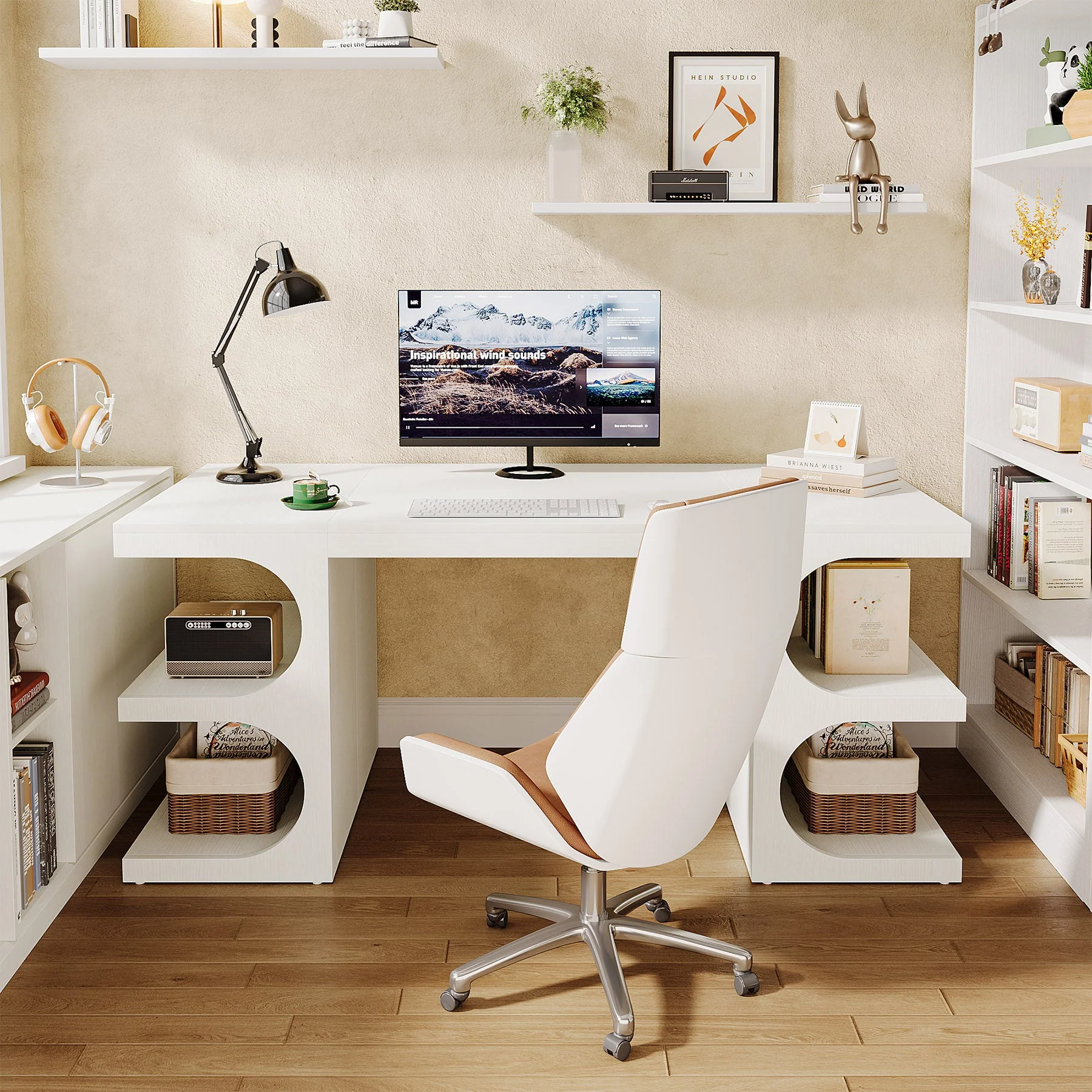 62" Executive Desk, Modern Office Computer Desk with Storage Shelves - Image 5