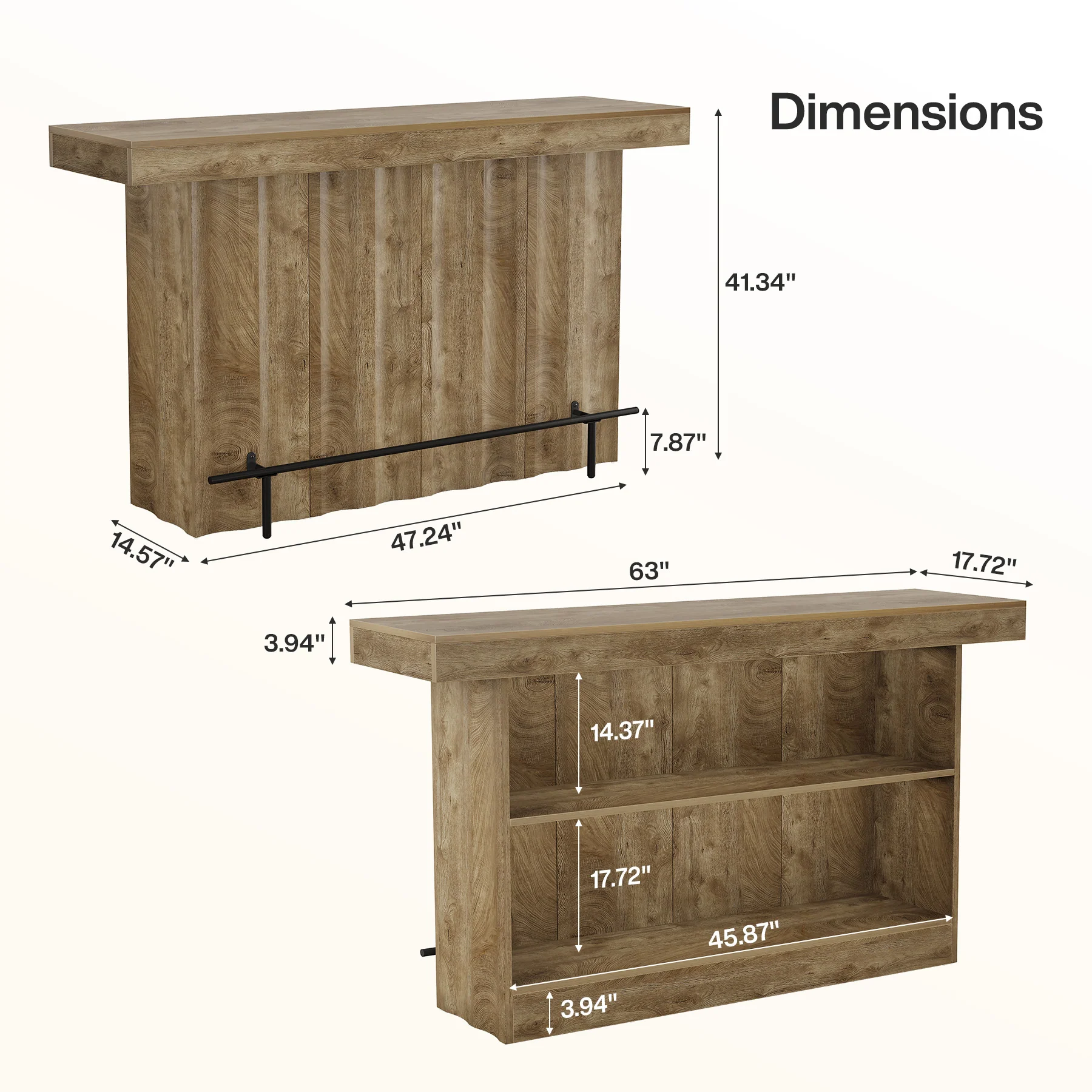63" Bar Table, 2-Tier Bar Unit Counter Height Pub Table with Storage Shelves - Image 2