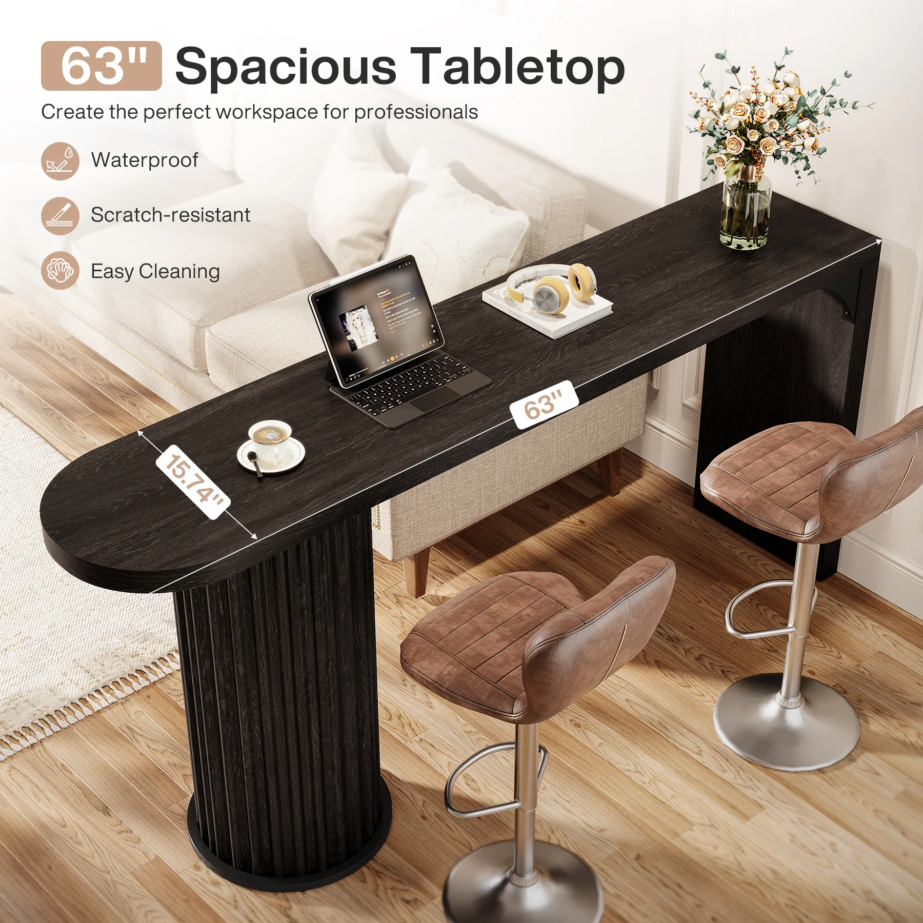 63" Bar Table, Counter Height Pub Table with Fluted Cylindrical Base - Image 8