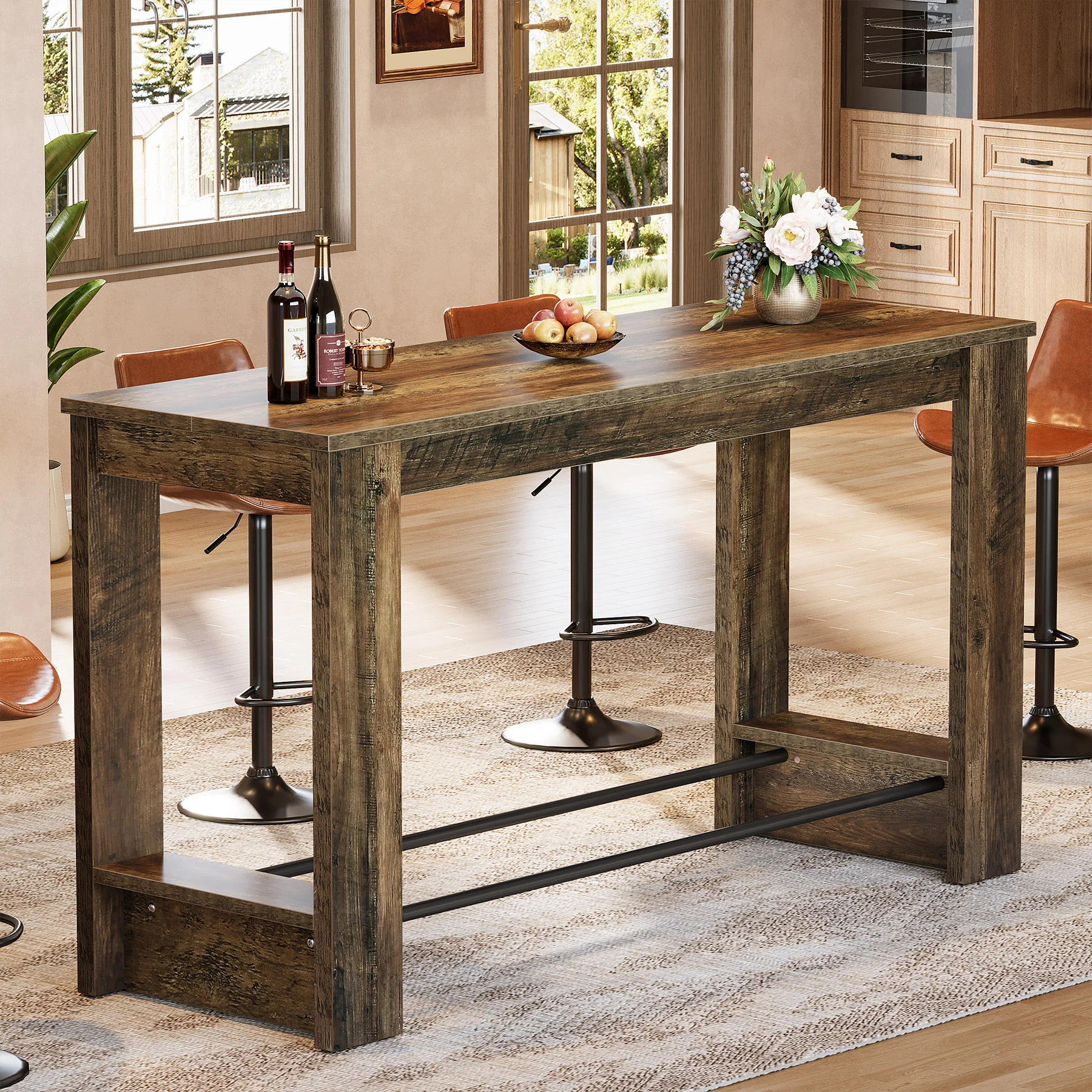 63" Bar Table Counter Height Pub Table with Metal Footrests - Image 6