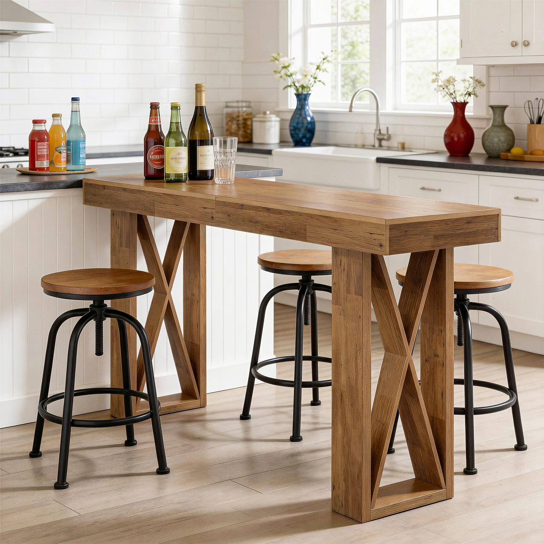 63" Bar Table, Rectangular Counter Height Pub Table with X-Shaped Frame - Image 3