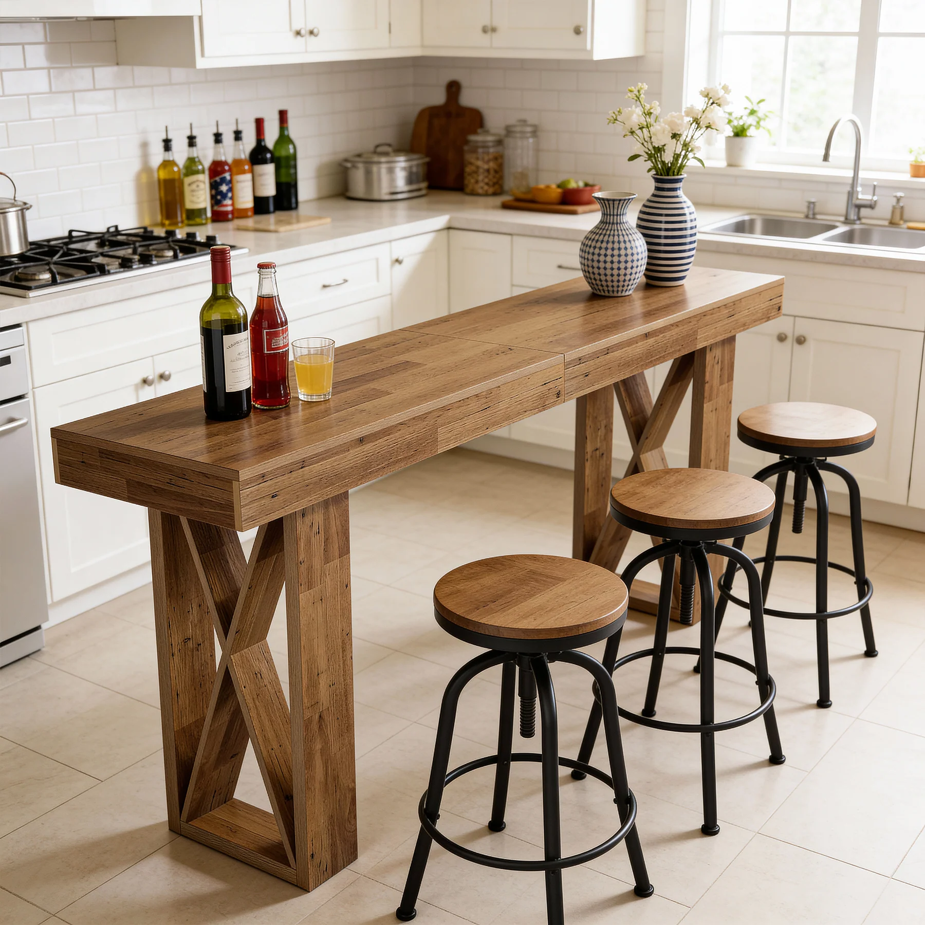 63" Bar Table, Rectangular Counter Height Pub Table with X-Shaped Frame - Image 4