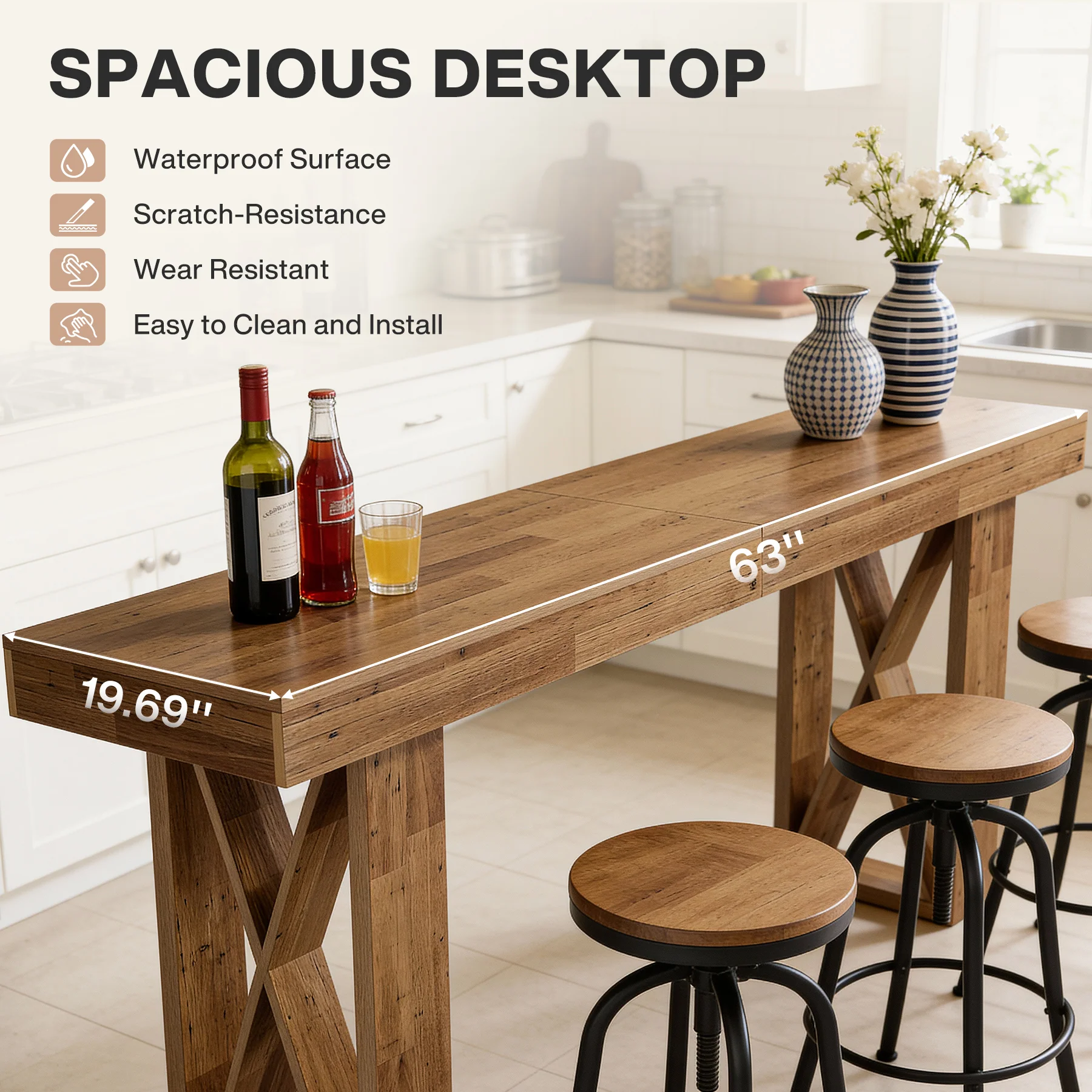 63" Bar Table, Rectangular Counter Height Pub Table with X-Shaped Frame - Image 7