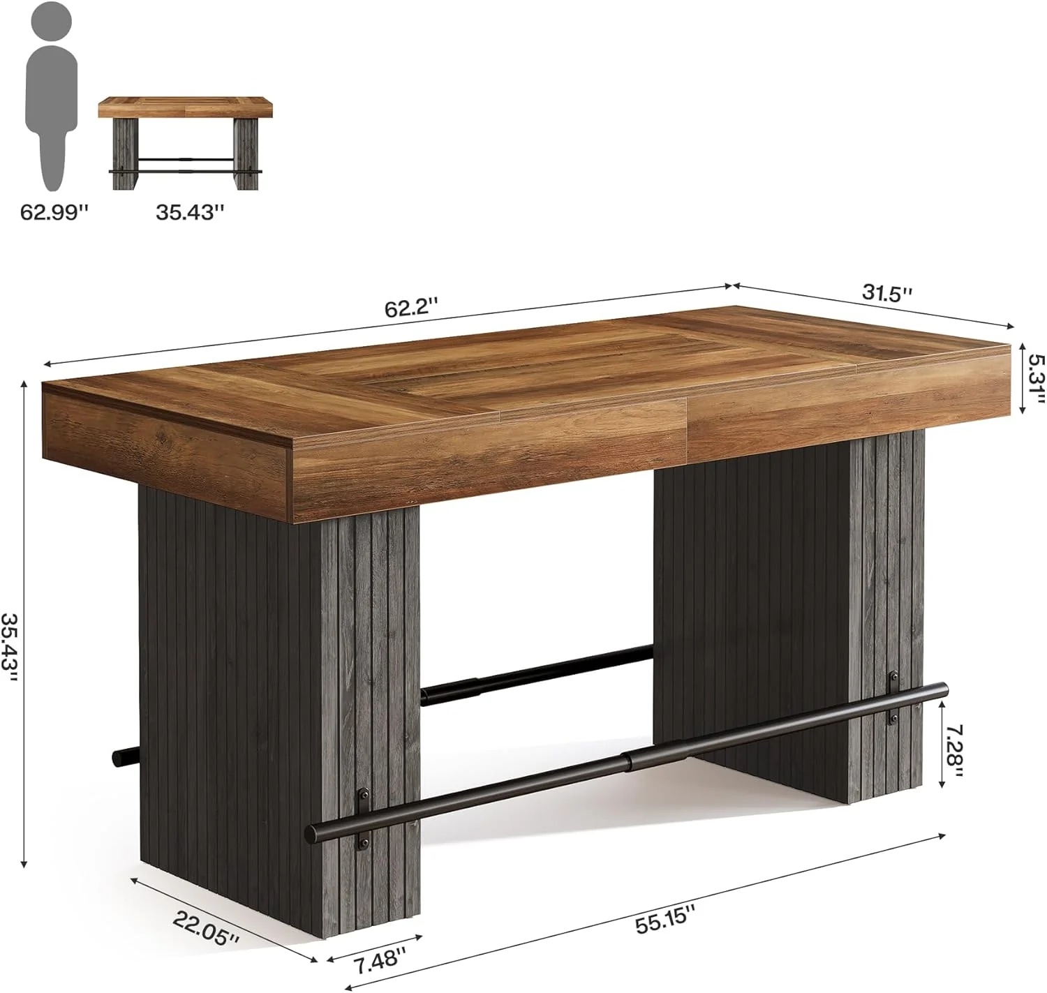 62.2" Bar Table, Industrial Counter Height Pub Dining Table - Image 2
