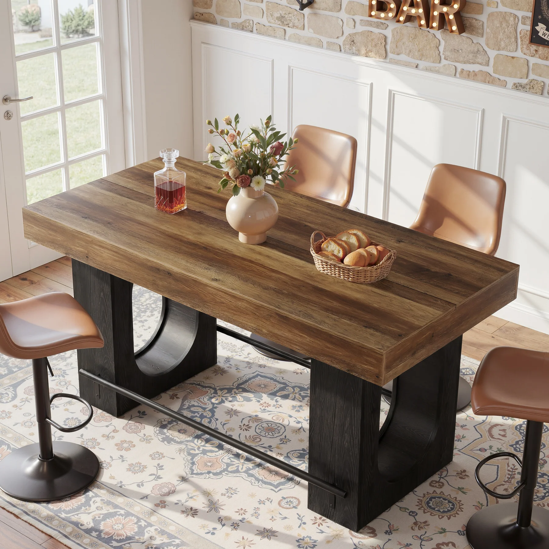 63" Bar Table, Industrial Counter Height Pub Table with Metal Footrest for Kitchen - Image 3