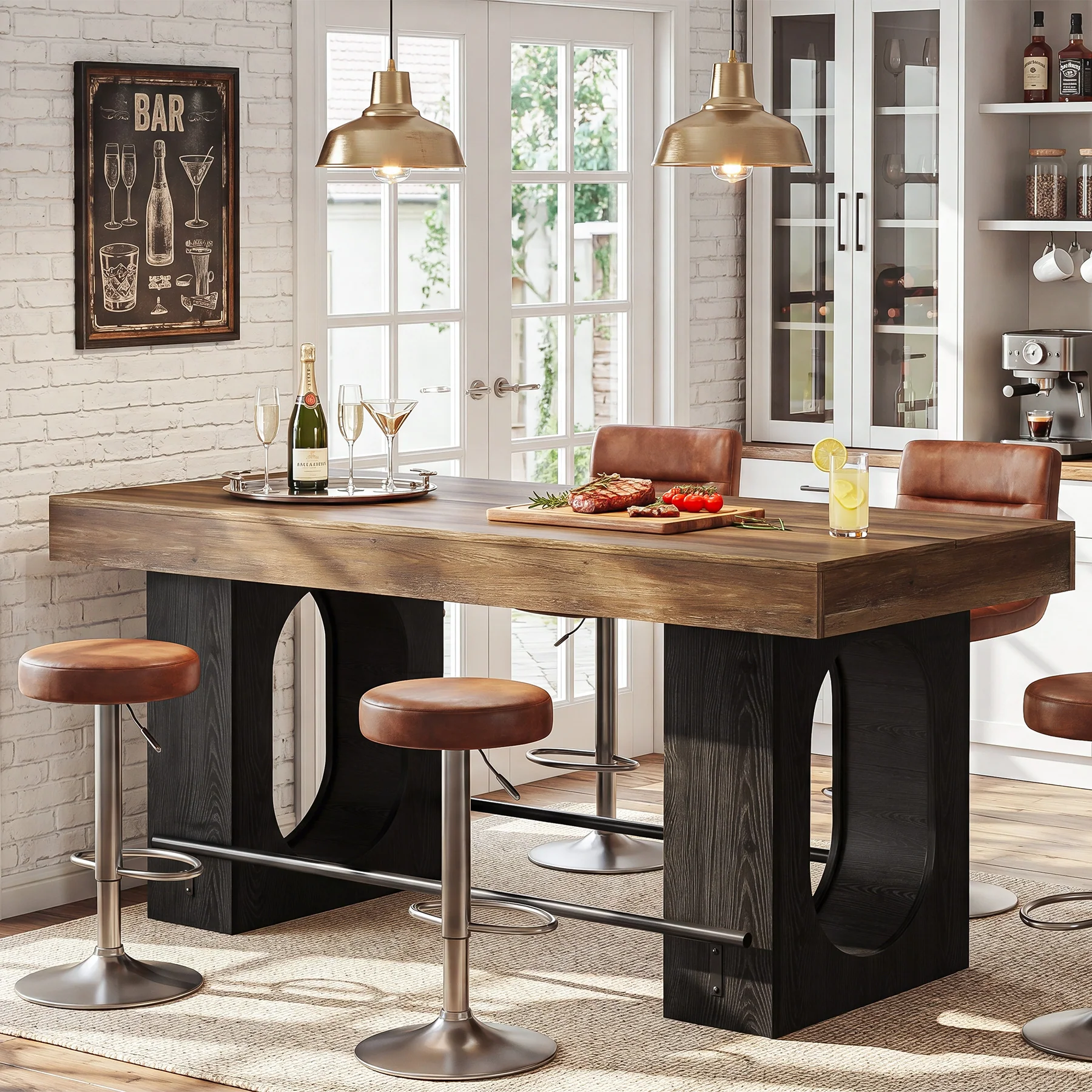63" Bar Table, Industrial Counter Height Pub Table with Metal Footrest for Kitchen - Image 4