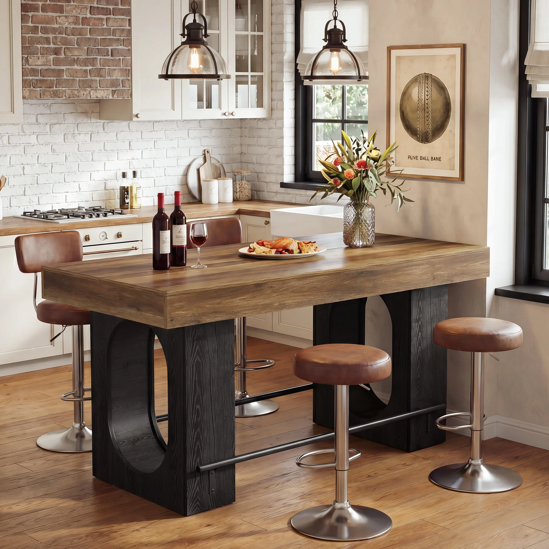 63" Bar Table, Industrial Counter Height Pub Table with Metal Footrest for Kitchen - Image 5