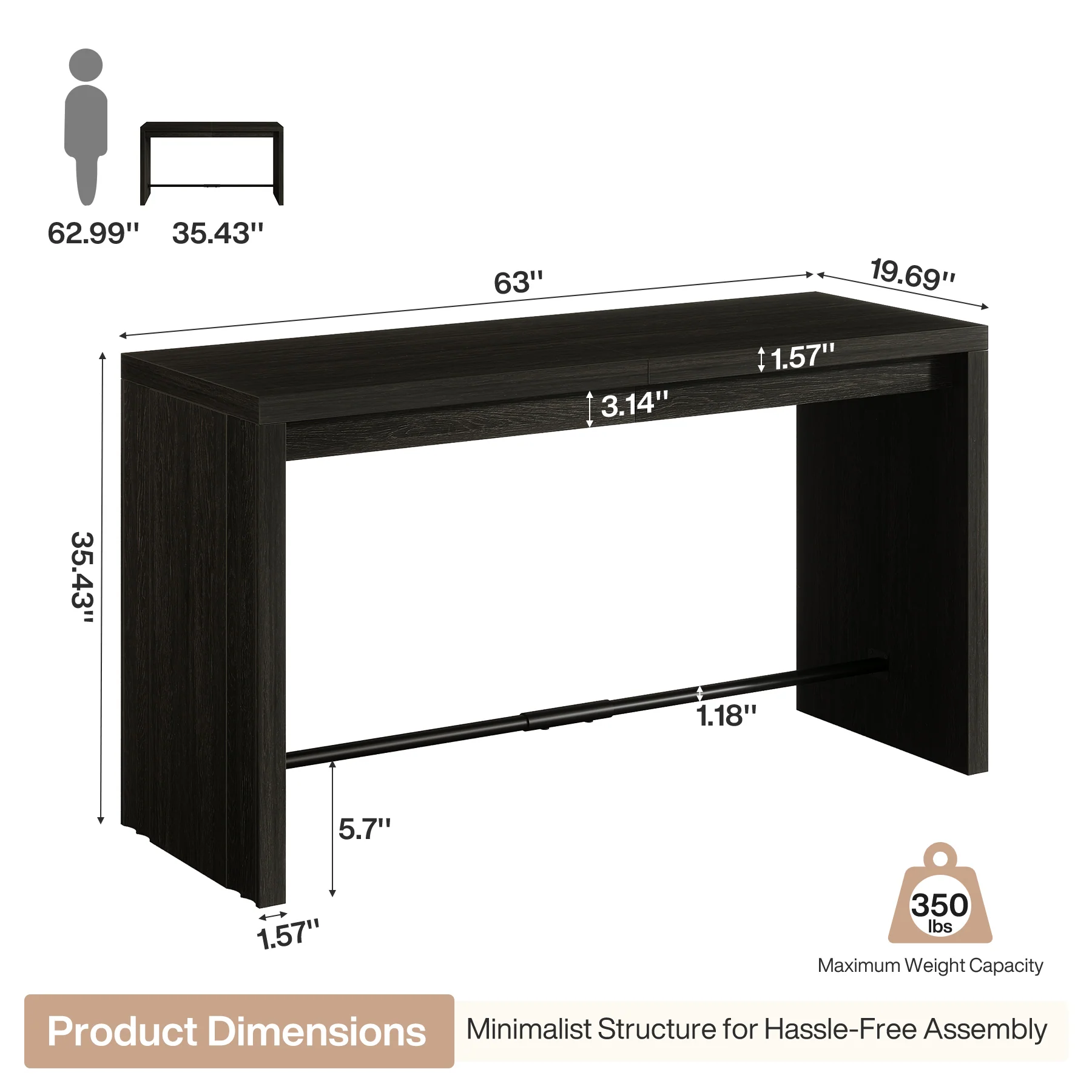 63" Bar Table, Rectangular Counter Height Pub Table with Metal Footrest - Image 2