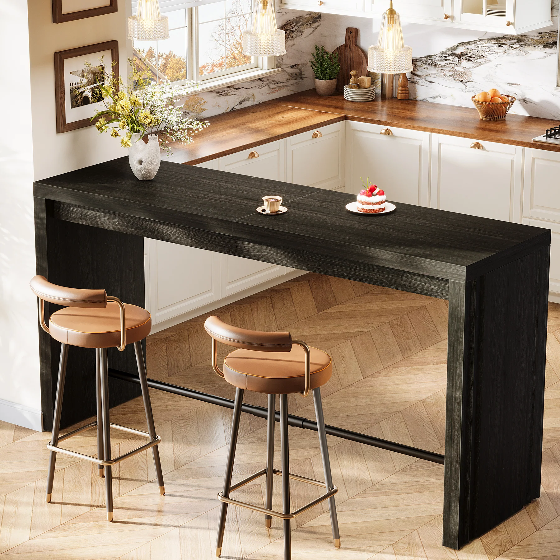 63" Bar Table, Rectangular Counter Height Pub Table with Metal Footrest - Image 3