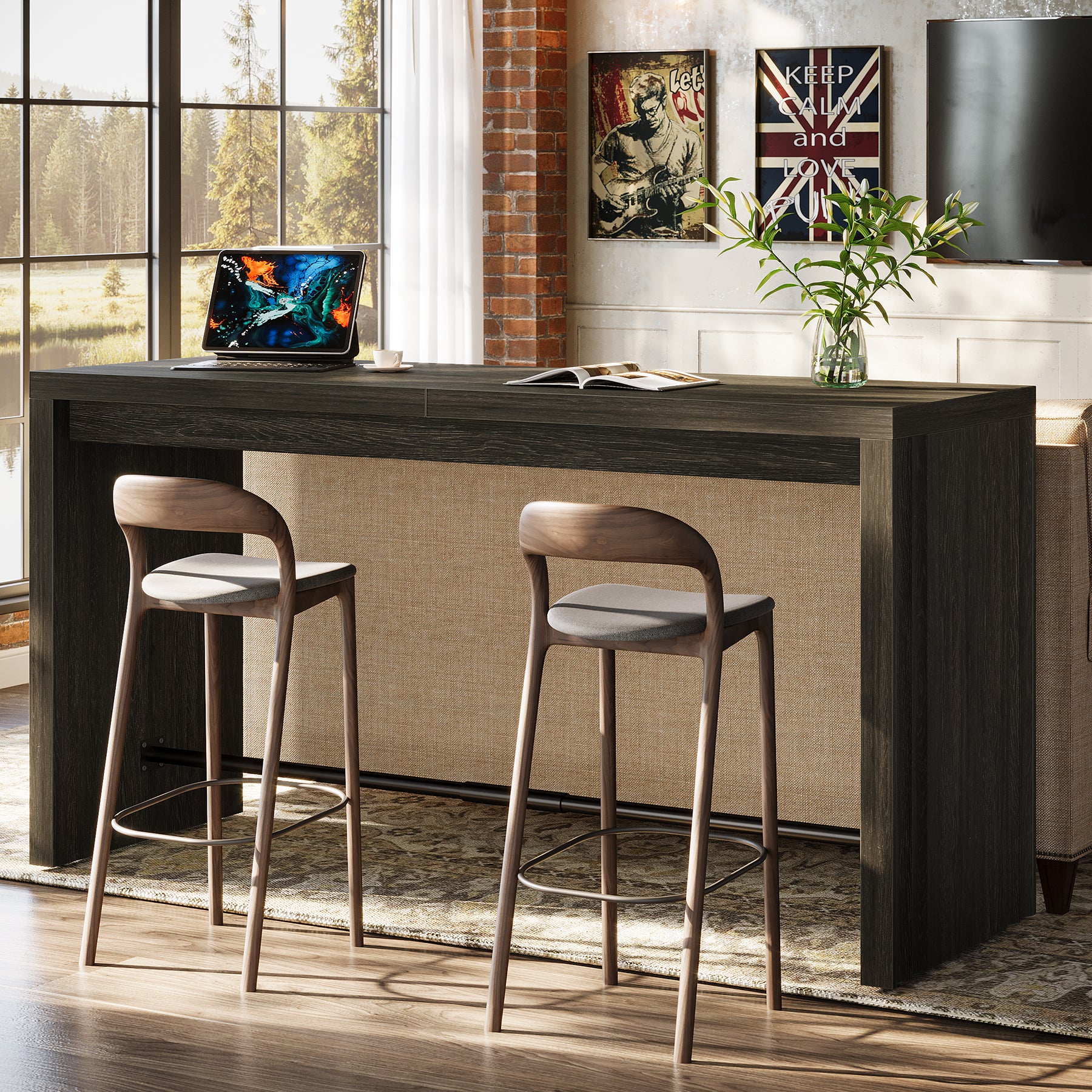 63" Bar Table, Rectangular Counter Height Pub Table with Metal Footrest - Image 4