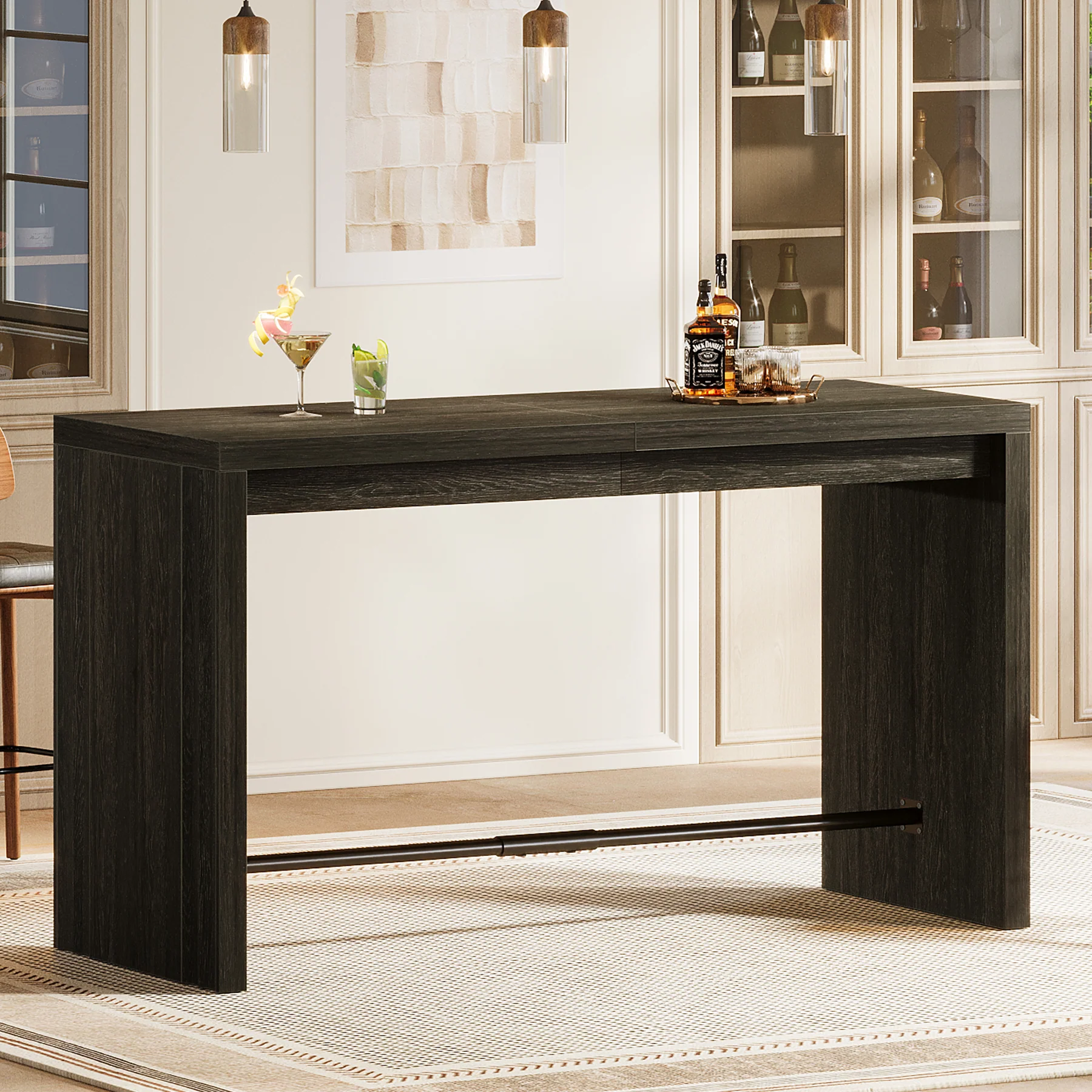 63" Bar Table, Rectangular Counter Height Pub Table with Metal Footrest - Image 5