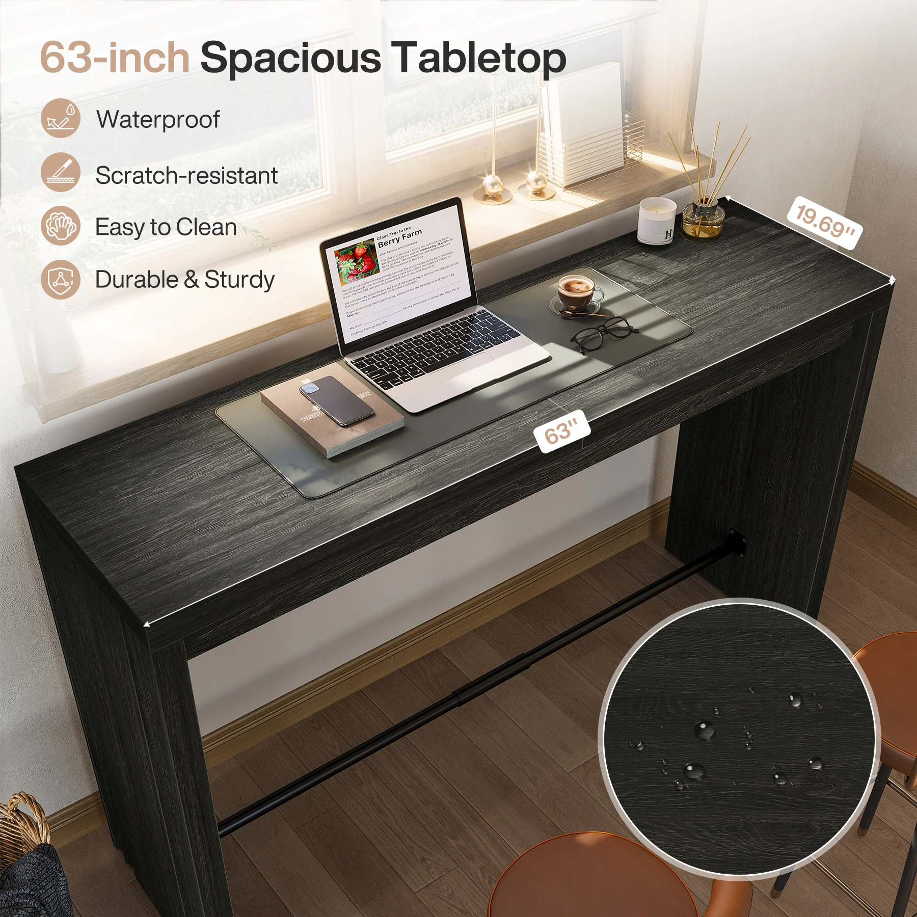 63" Bar Table, Rectangular Counter Height Pub Table with Metal Footrest - Image 6
