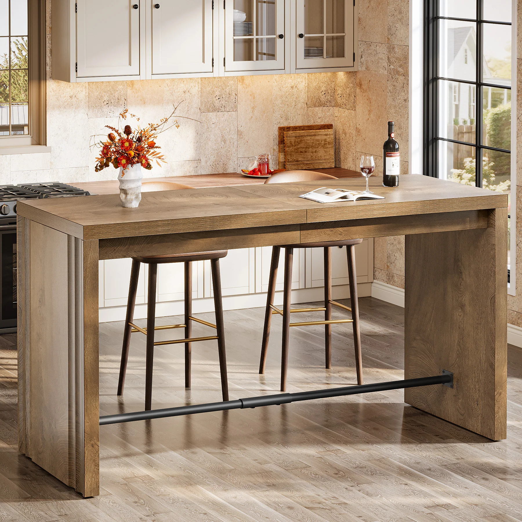 63" Bar Table, Rectangular Counter Height Pub Table with Metal Footrest - Image 9