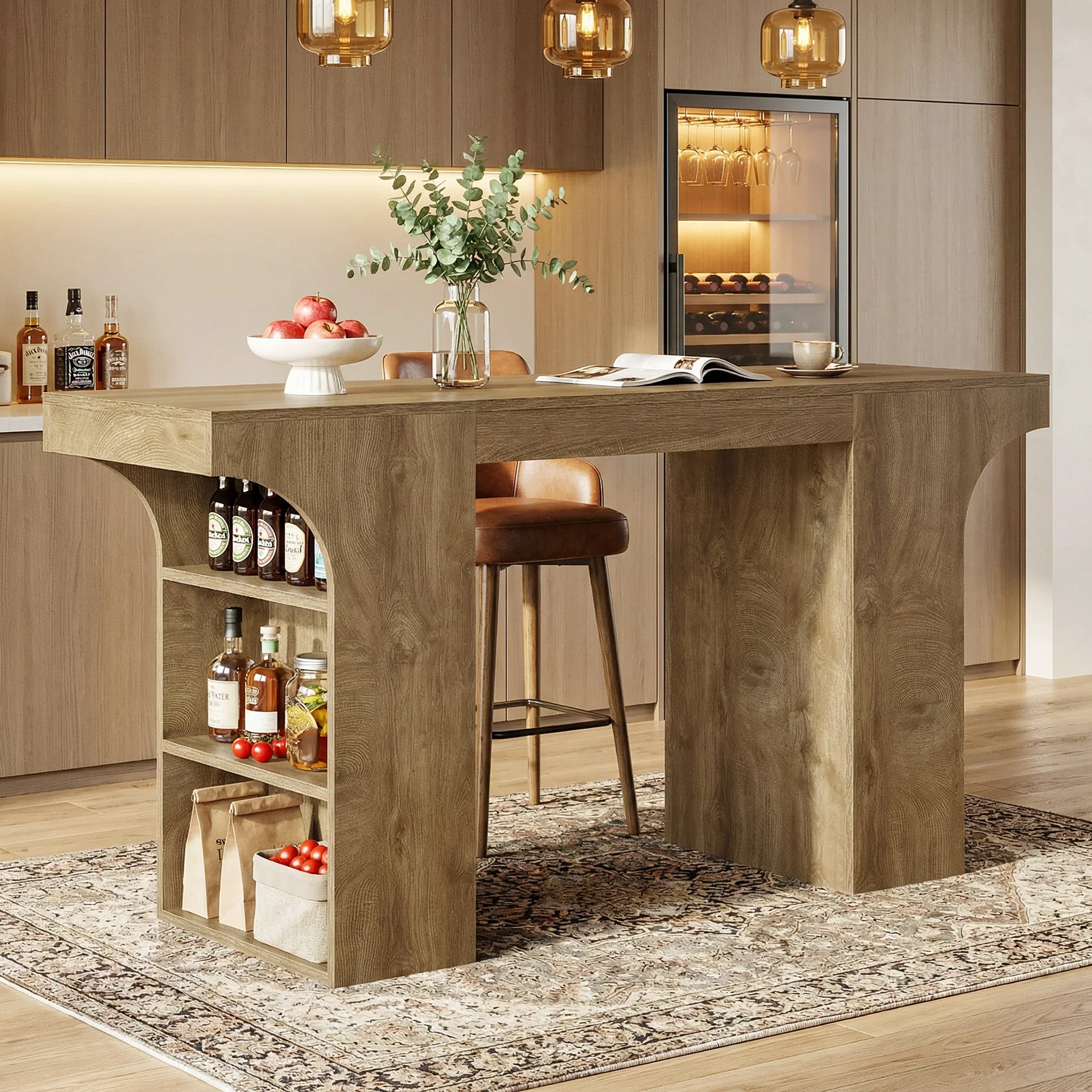63" Bar Table, Rectangular Counter Height Pub Table with Storage Shelves - Image 3
