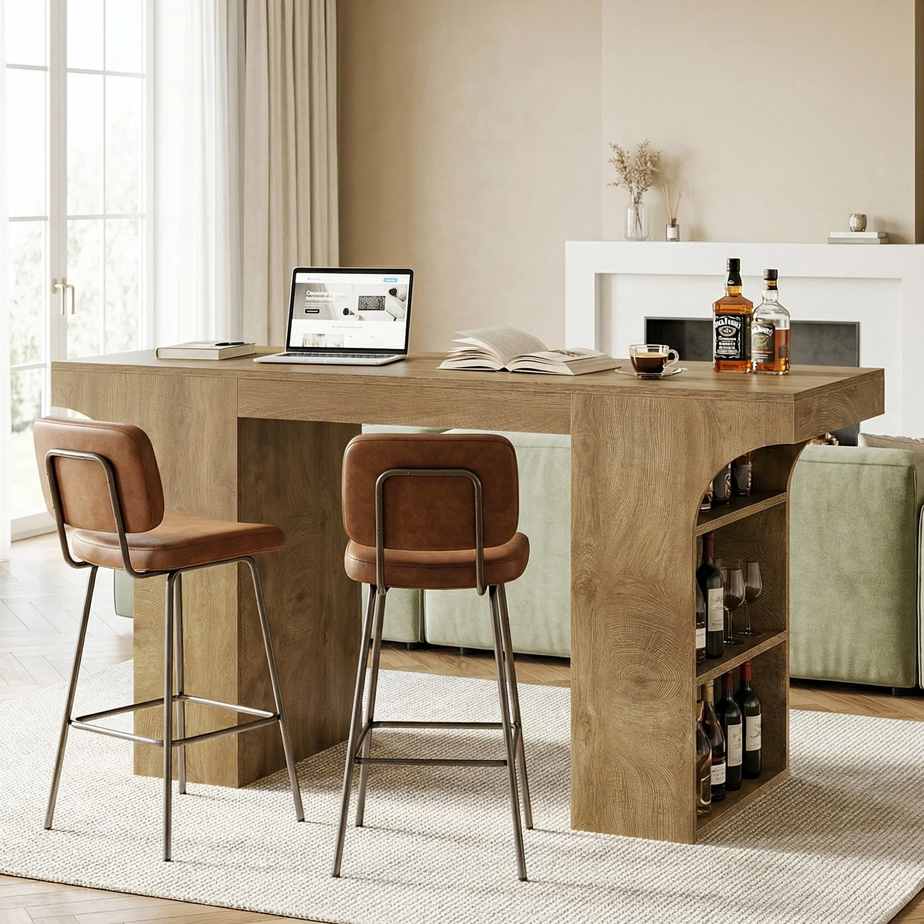 63" Bar Table, Rectangular Counter Height Pub Table with Storage Shelves - Image 4