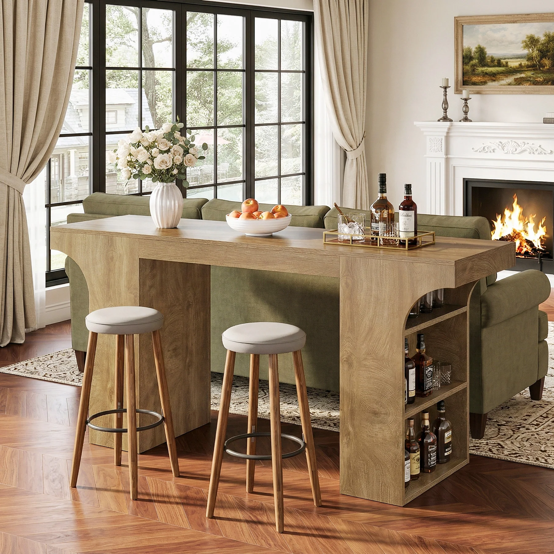 63" Bar Table, Rectangular Counter Height Pub Table with Storage Shelves - Image 7