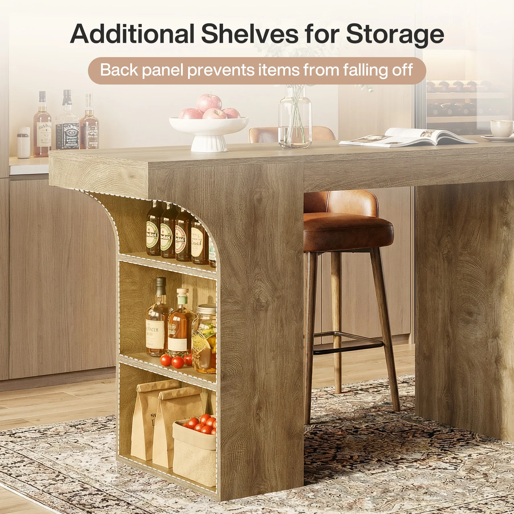63" Bar Table, Rectangular Counter Height Pub Table with Storage Shelves - Image 8