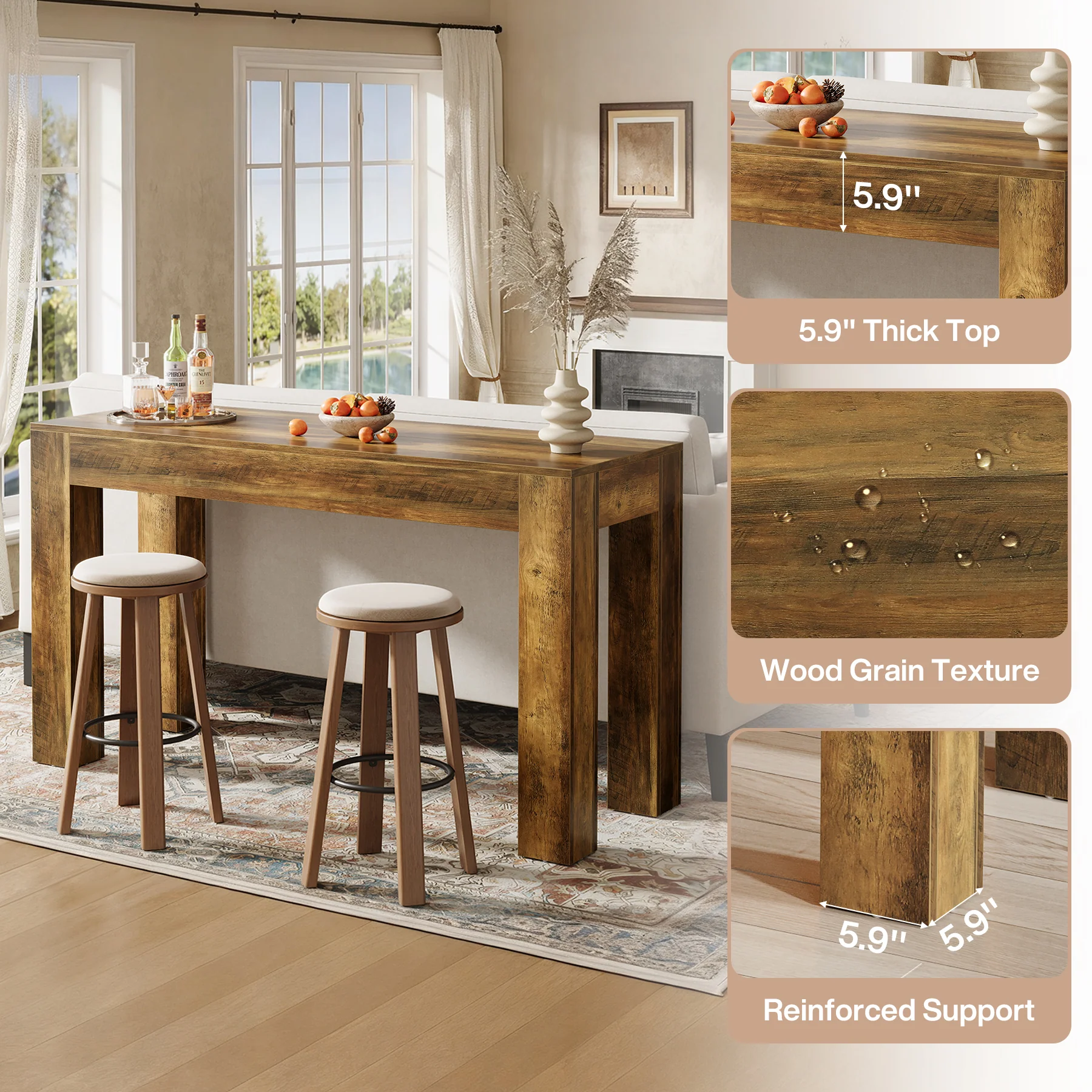 63" Long Bar Table, Rectangular Counter Height Pub Table with Sturdy Legs - Image 8