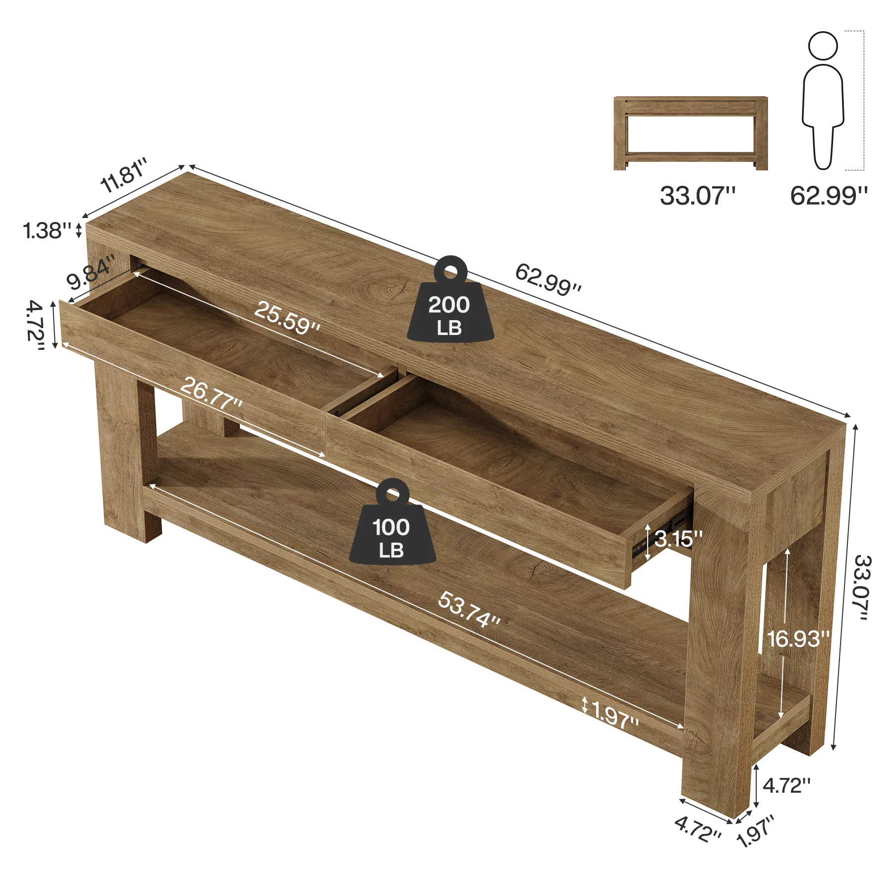 63" Console Table with 2 Storage Drawers, Farmhouse Entryway Table with Open Shelf - Image 2