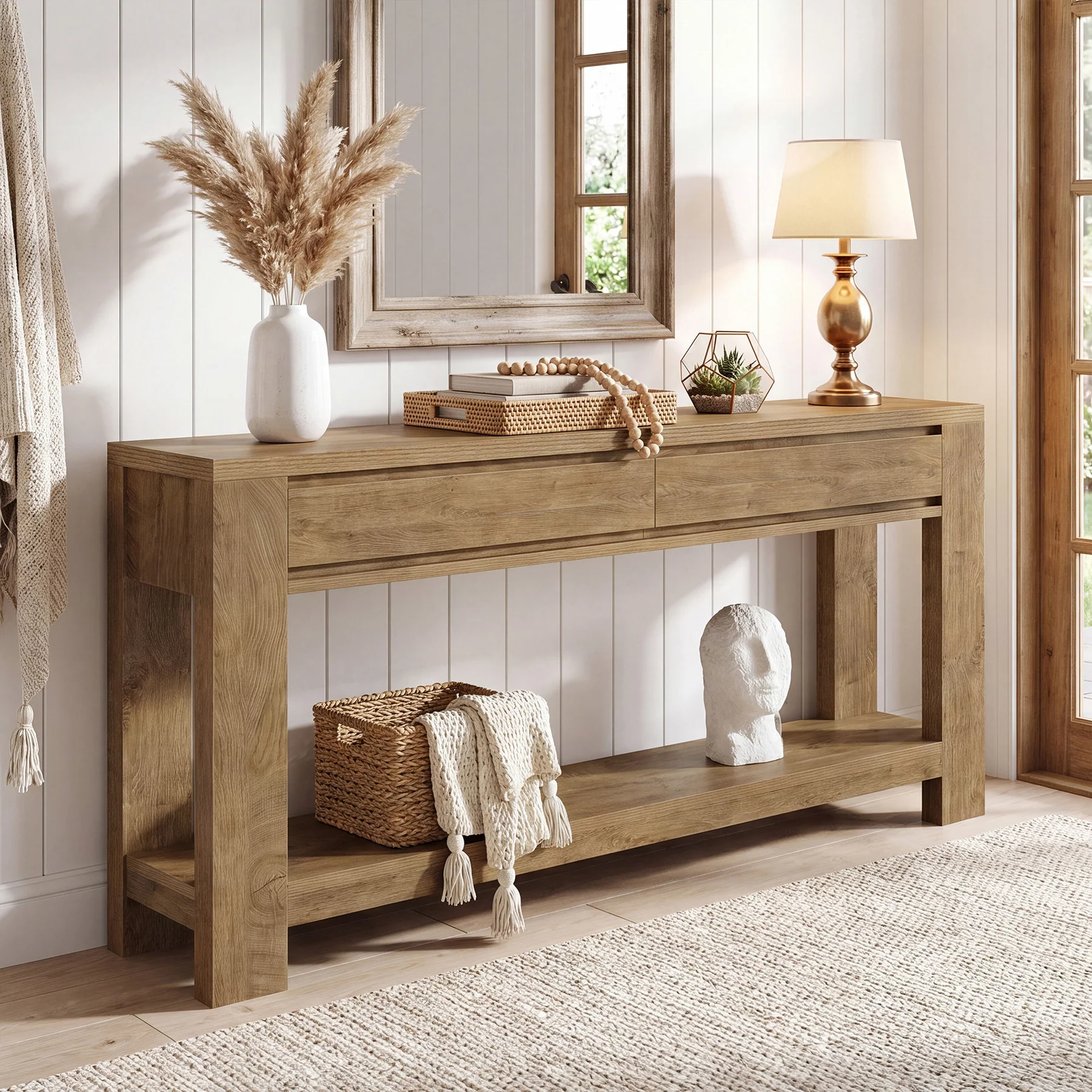 63" Console Table with 2 Storage Drawers, Farmhouse Entryway Table with Open Shelf - Image 3