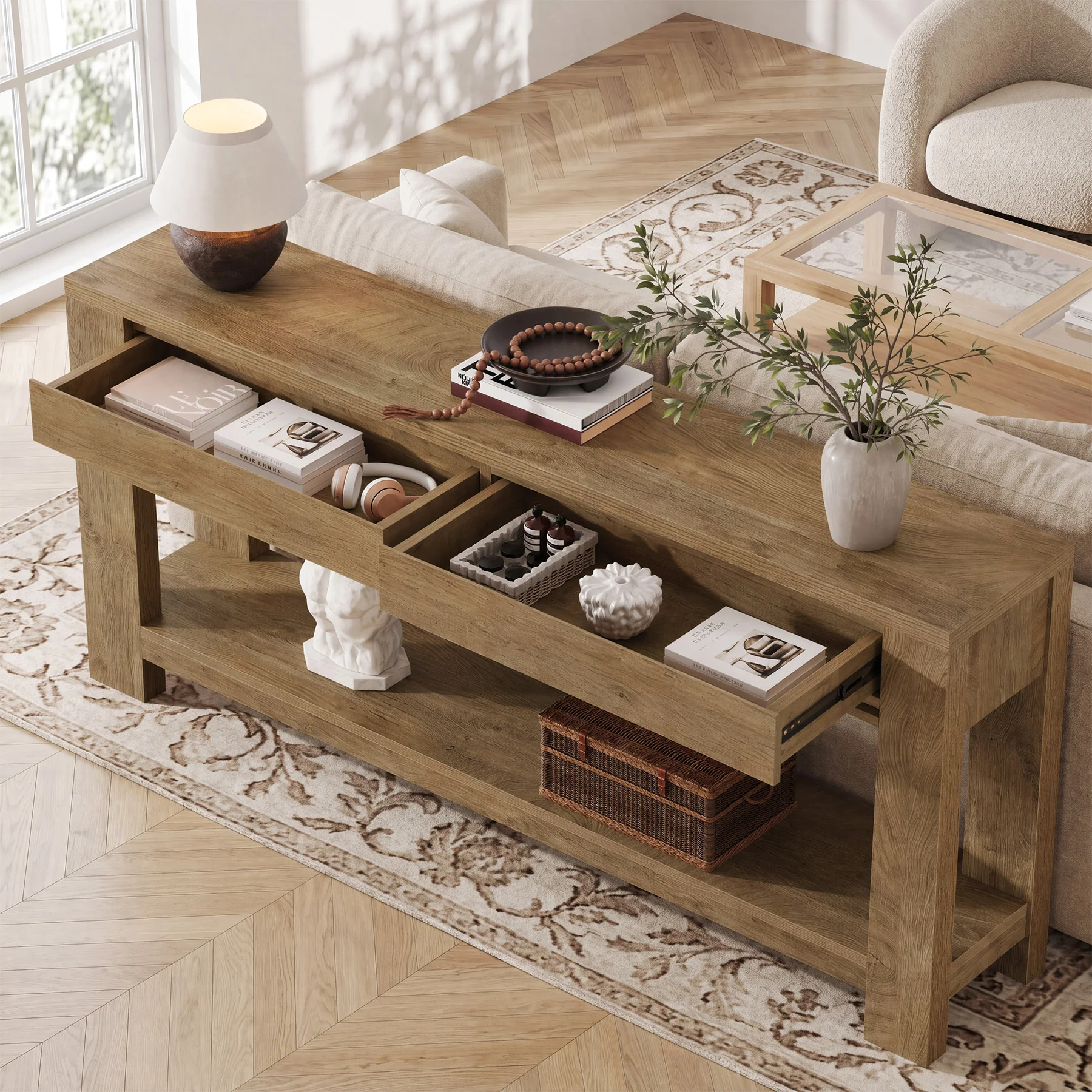 63" Console Table with 2 Storage Drawers, Farmhouse Entryway Table with Open Shelf - Image 4