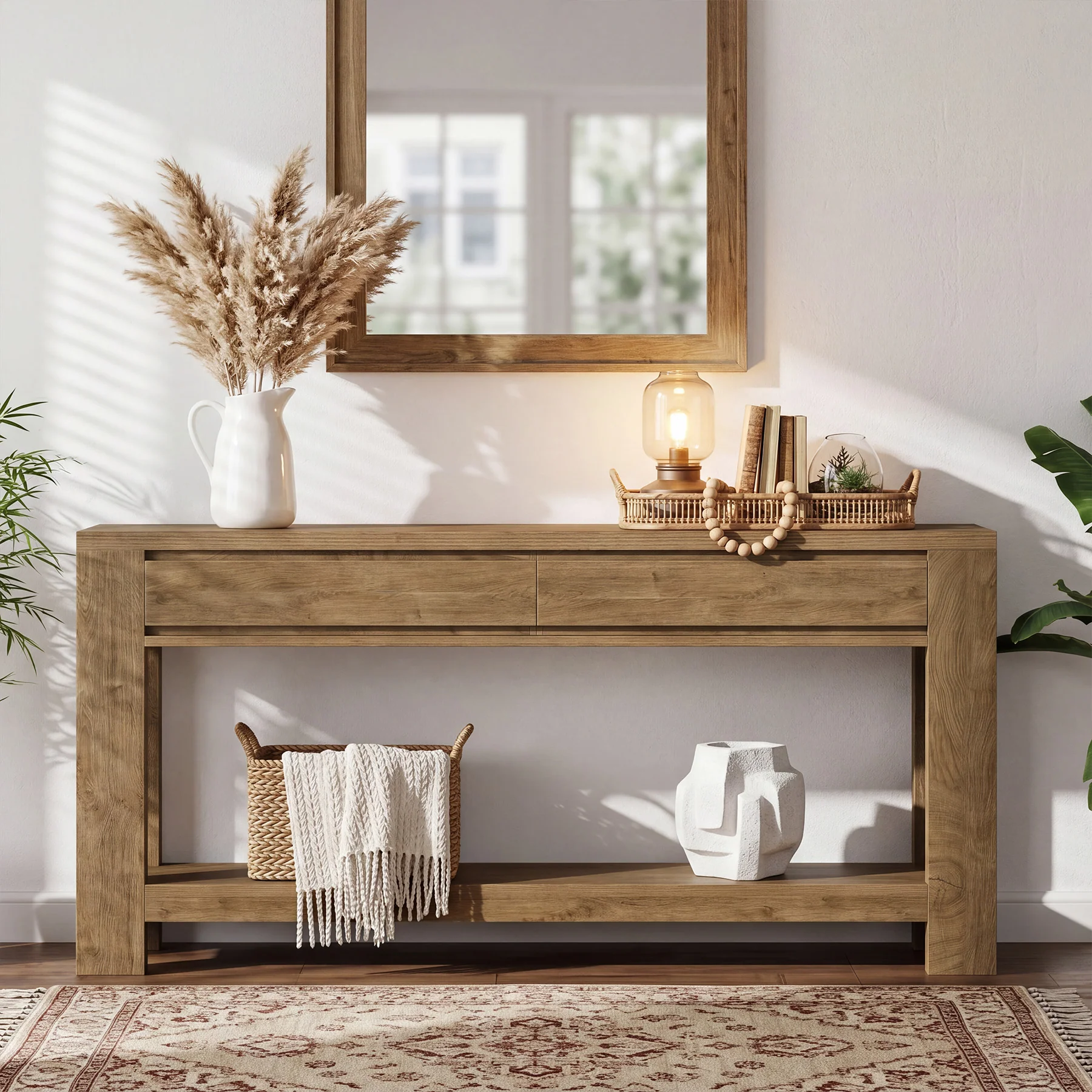 63" Console Table with 2 Storage Drawers, Farmhouse Entryway Table with Open Shelf - Image 5