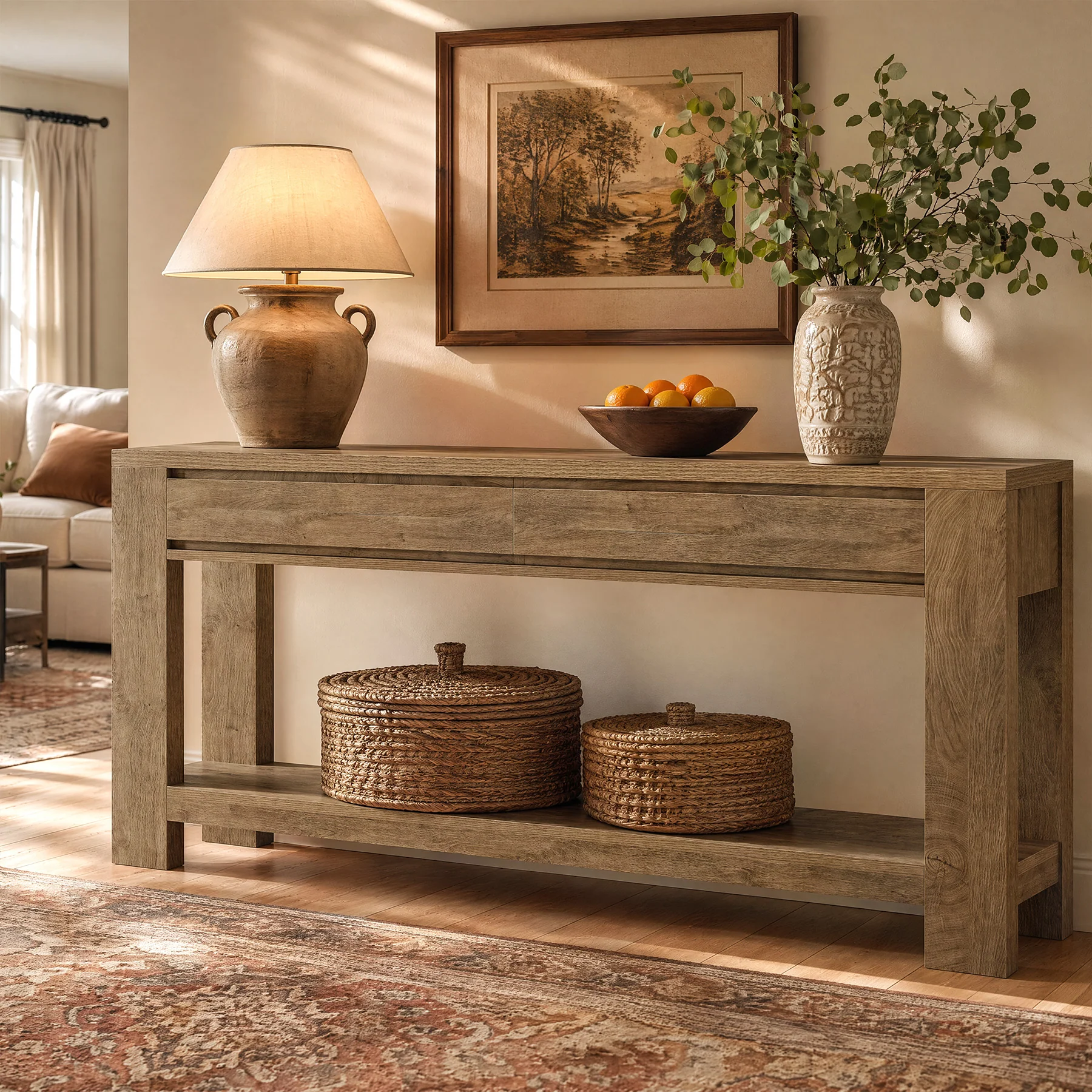 63" Console Table with 2 Storage Drawers, Farmhouse Entryway Table with Open Shelf - Image 6