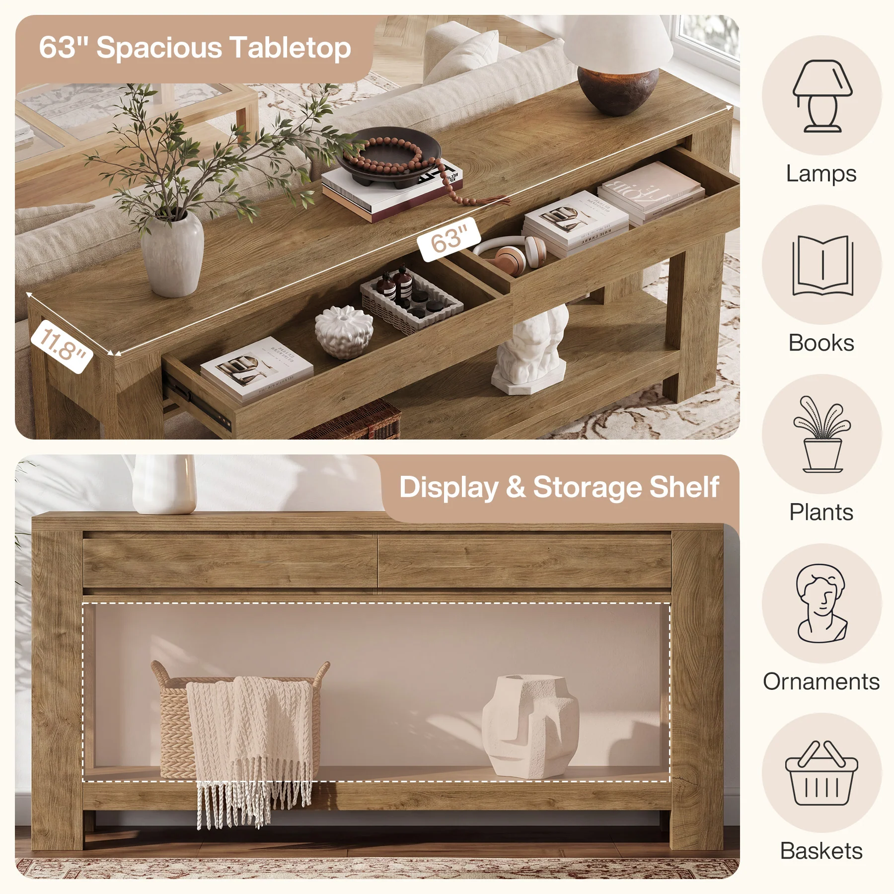 63" Console Table with 2 Storage Drawers, Farmhouse Entryway Table with Open Shelf - Image 7