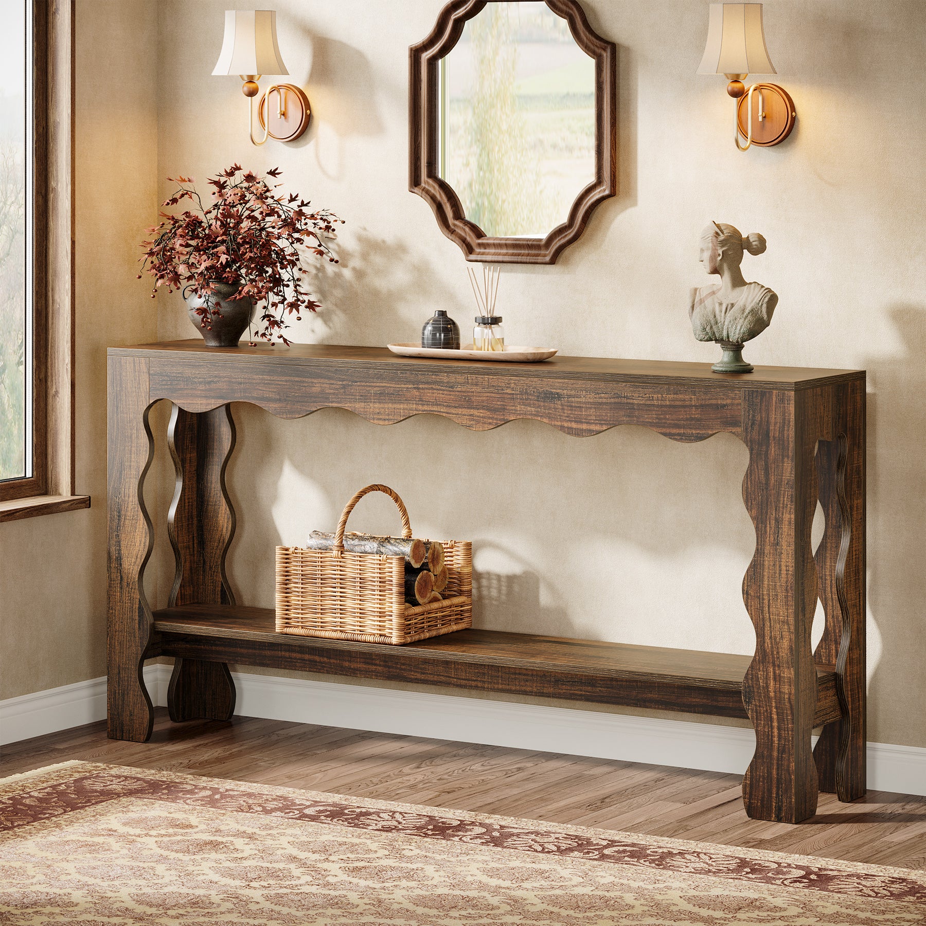 63" Console Table, 2-Tier Narrow Sofa Table with Storage and Scalloped Curves - Image 10