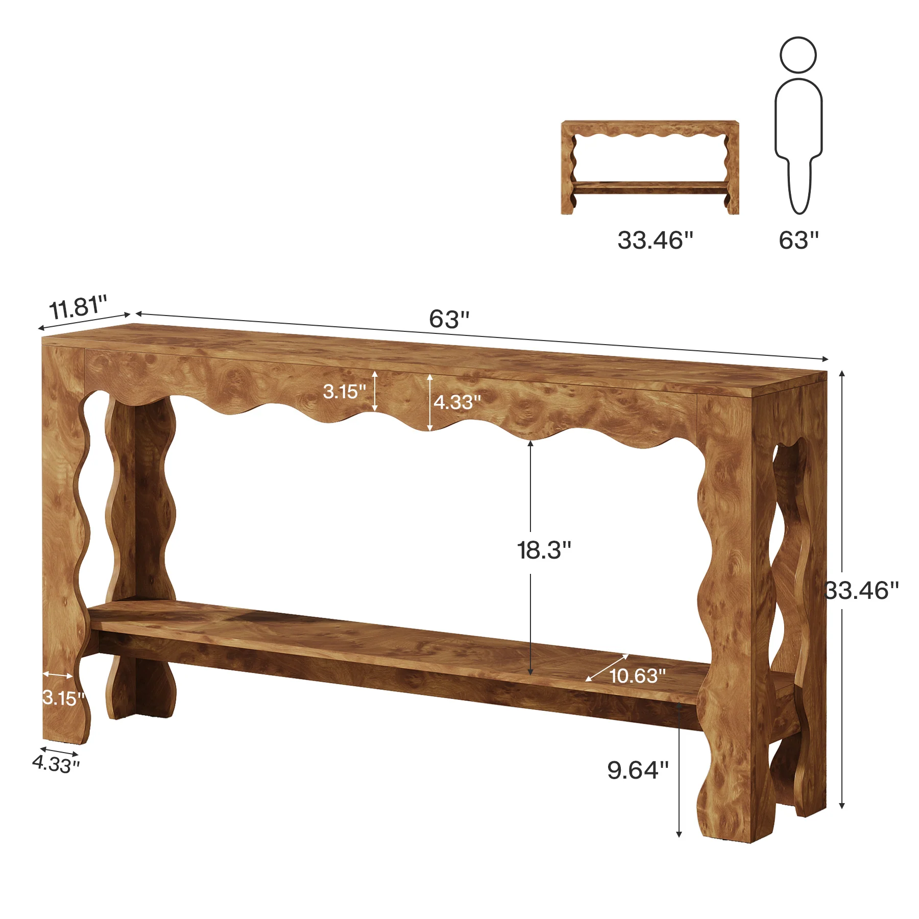 63" Console Table, 2-Tier Narrow Sofa Table with Storage and Scalloped Curves - Image 2