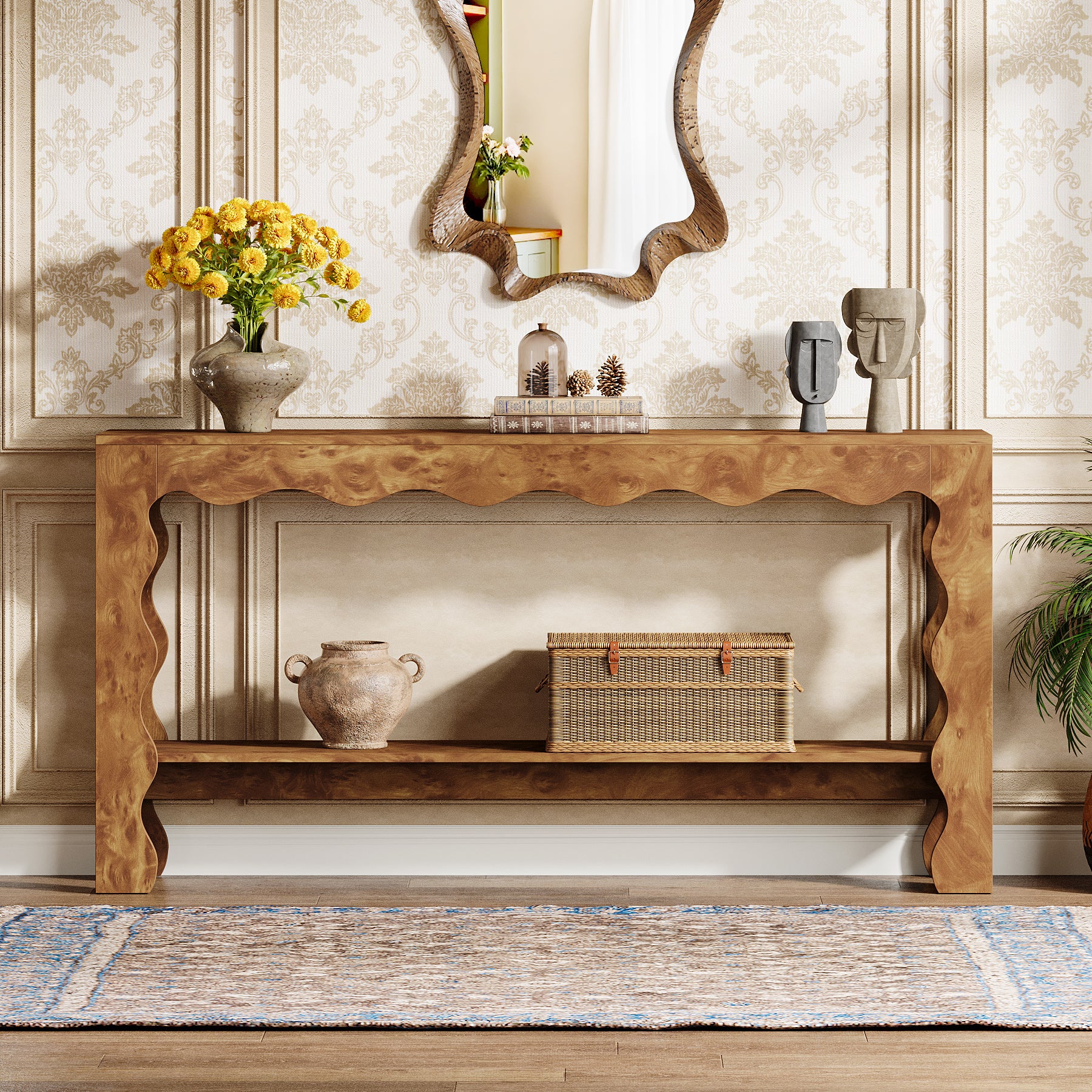 63" Console Table, 2-Tier Narrow Sofa Table with Storage and Scalloped Curves - Image 3