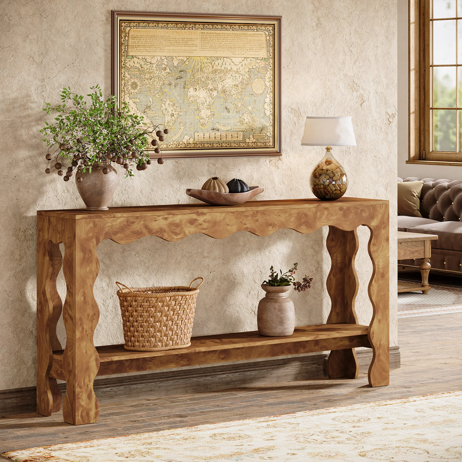 63" Console Table, 2-Tier Narrow Sofa Table with Storage and Scalloped Curves - Image 4