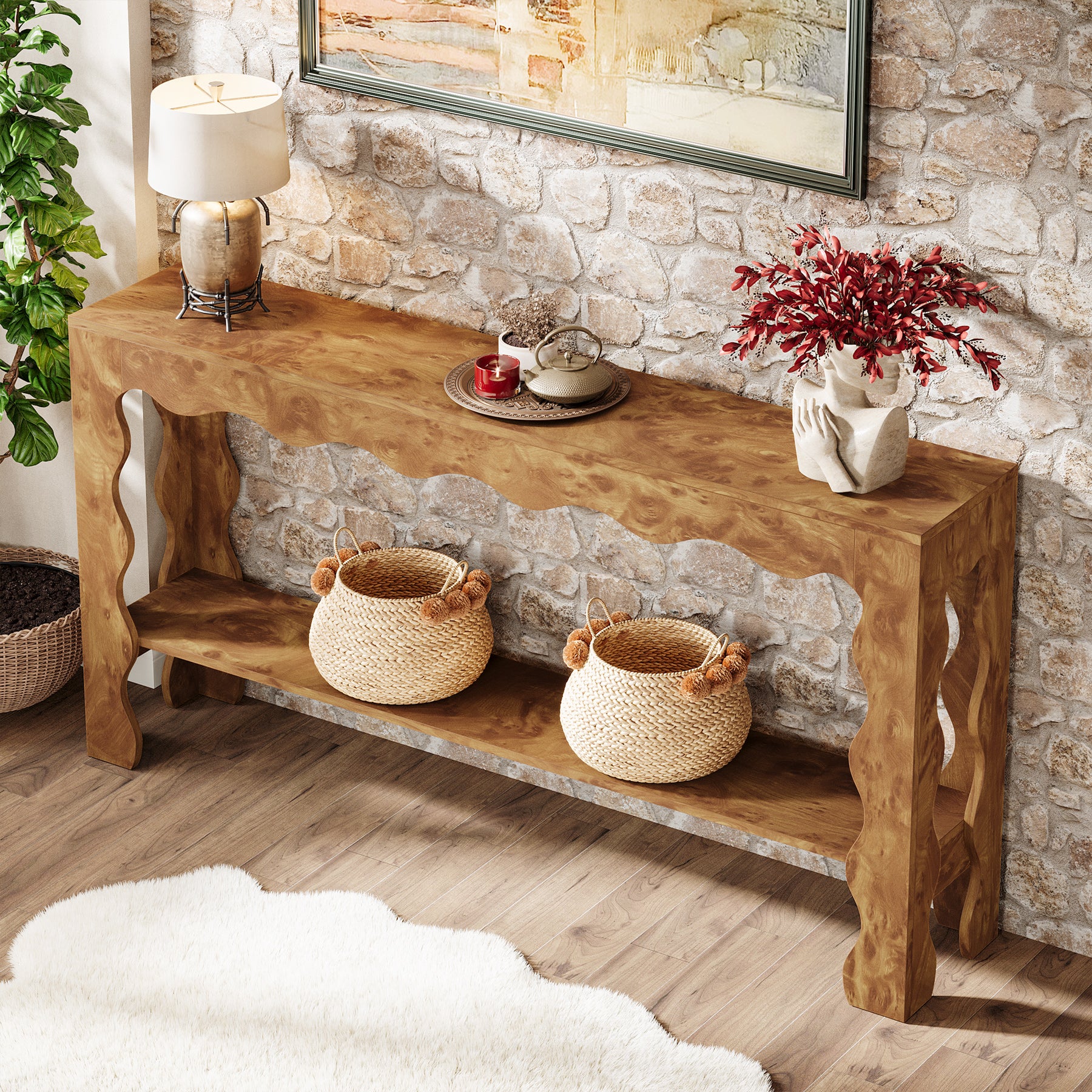 63" Console Table, 2-Tier Narrow Sofa Table with Storage and Scalloped Curves - Image 5
