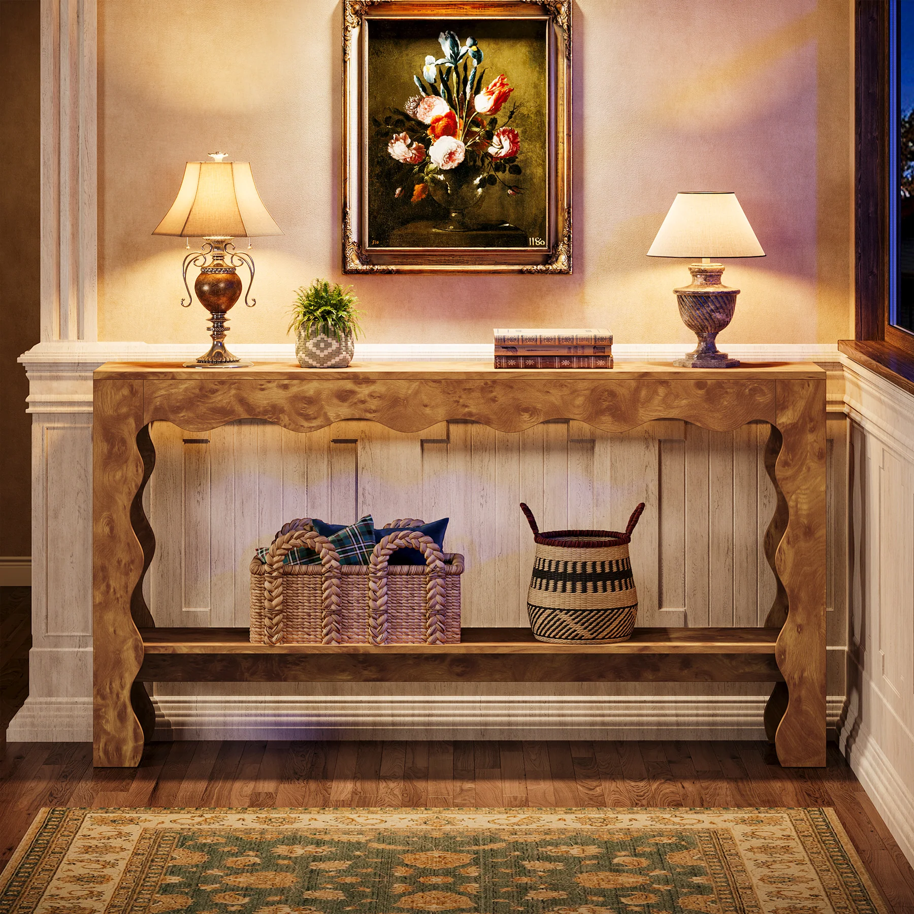 63" Console Table, 2-Tier Narrow Sofa Table with Storage and Scalloped Curves - Image 6