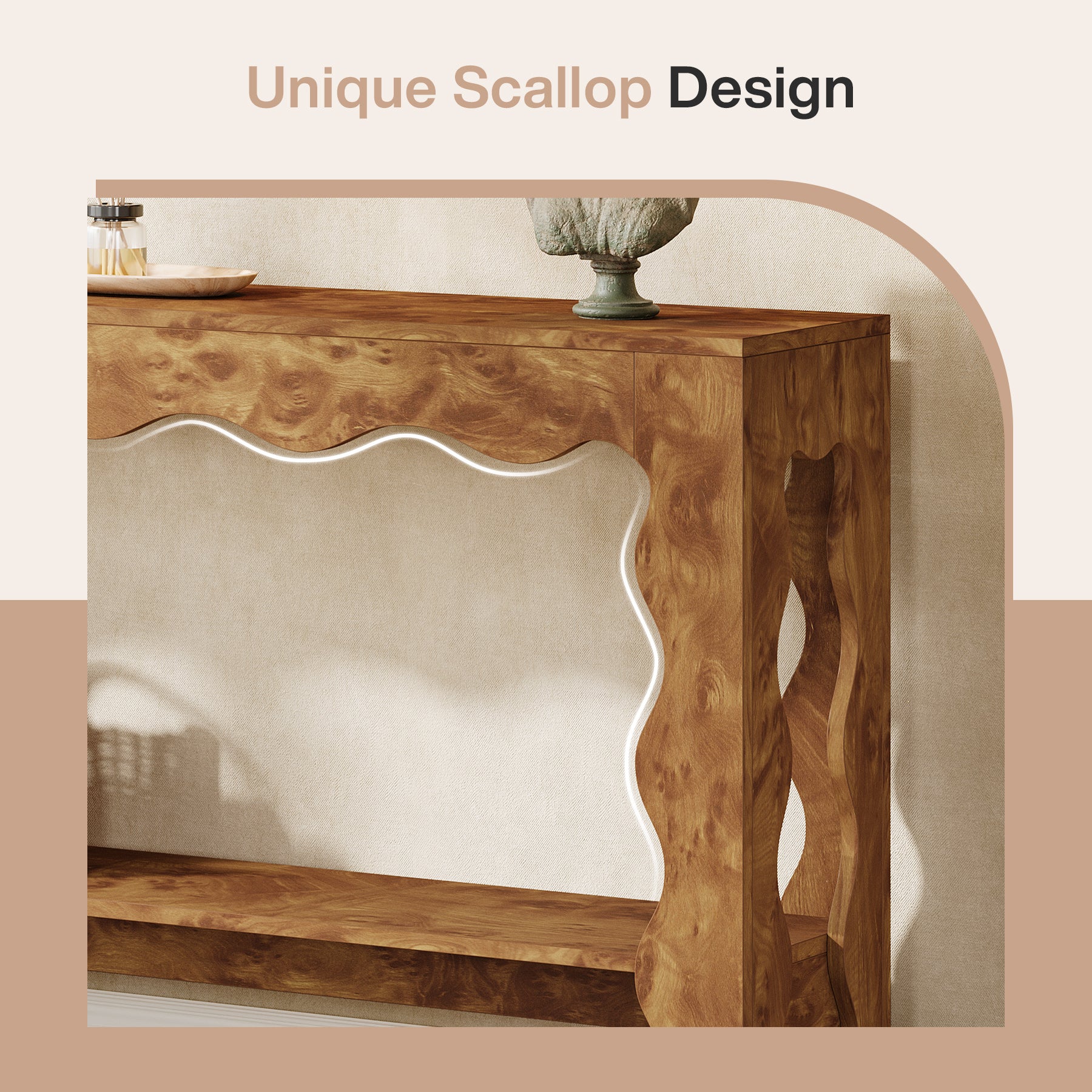 63" Console Table, 2-Tier Narrow Sofa Table with Storage and Scalloped Curves - Image 9