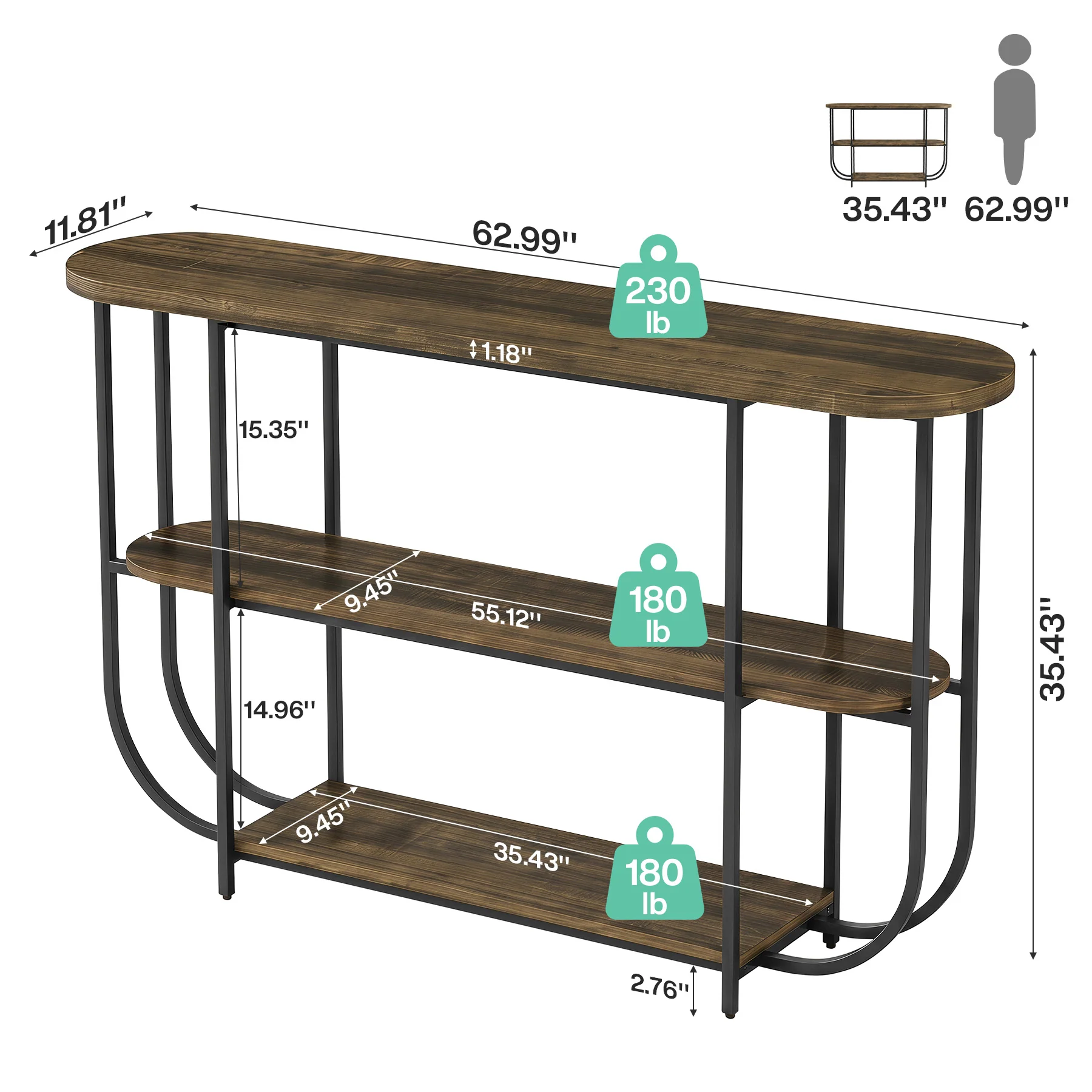 63" Console Table, 3-Tier Narrow Entryway Table with Curved Metal Frame - Image 2