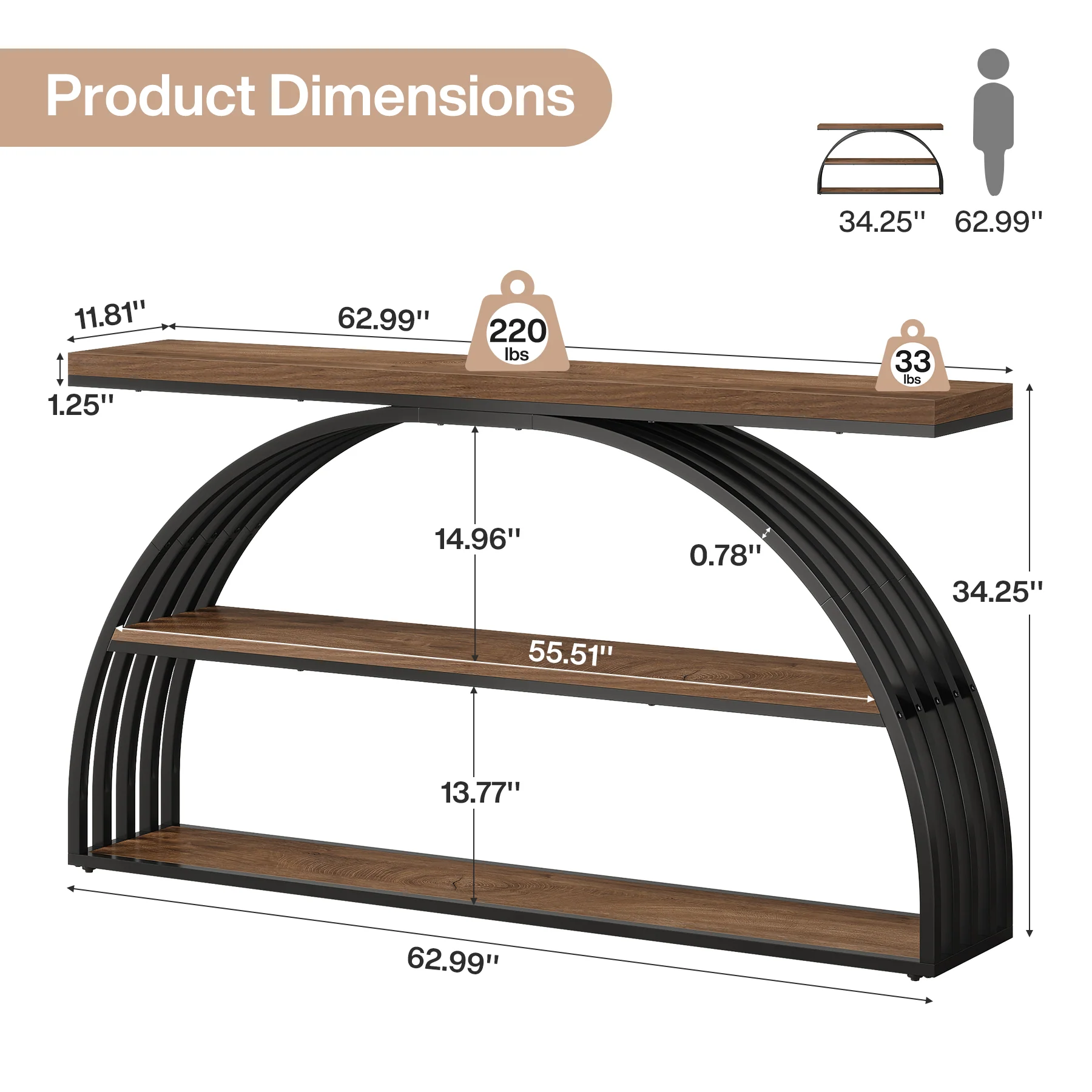 63" Console Table, 3-Tier Sofa  Entryway Table with Arched Frame - Image 2