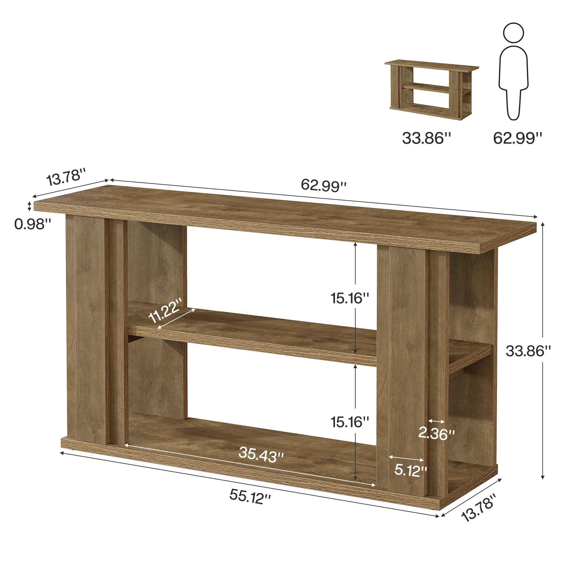 63" Farmhouse Console Table, Narrow Entryway Sofa Table with 3-Tier Storage Shelves - Image 2