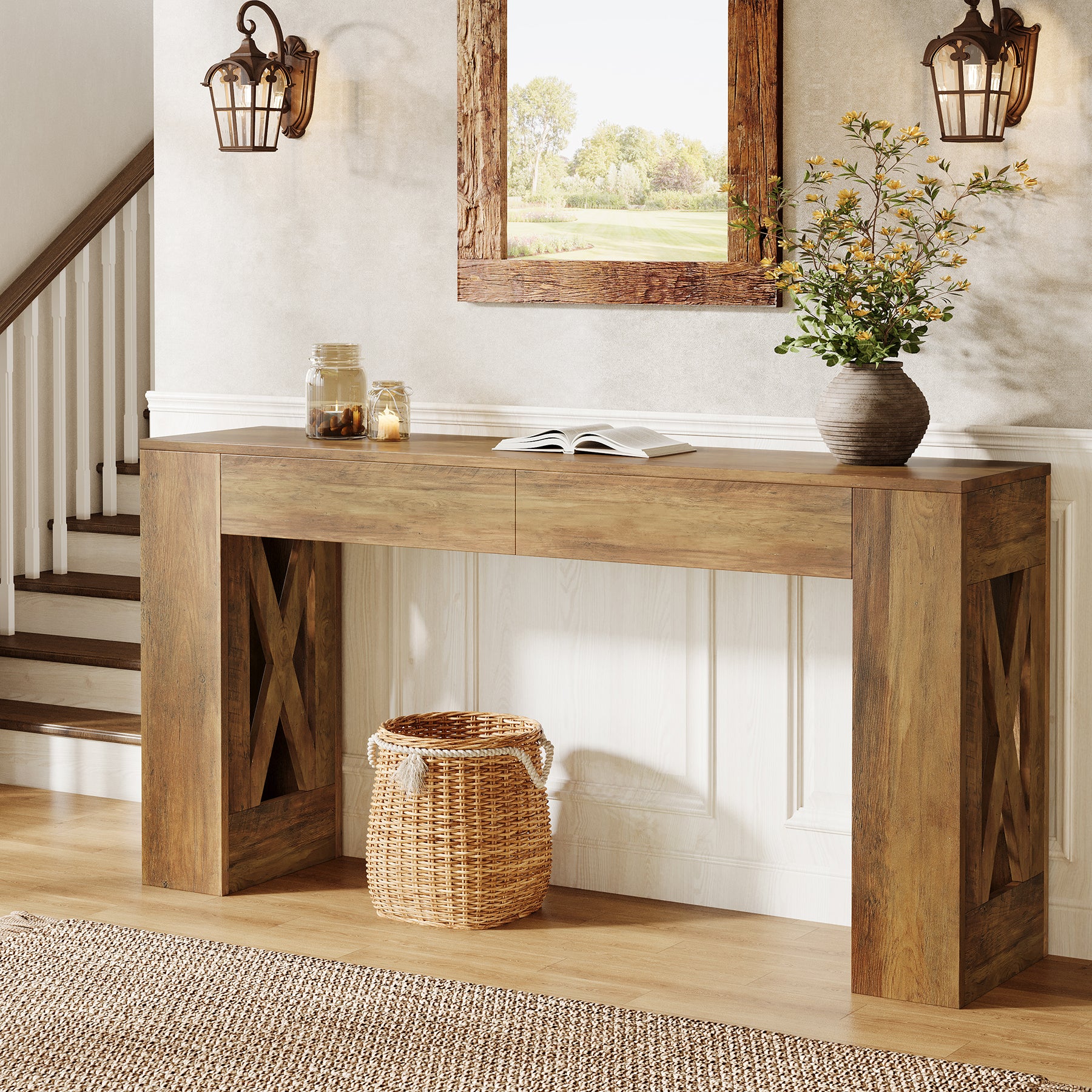 63" Console Table, Narrow Sofa Table with 2 Drawers and X-Shaped Legs - Image 6