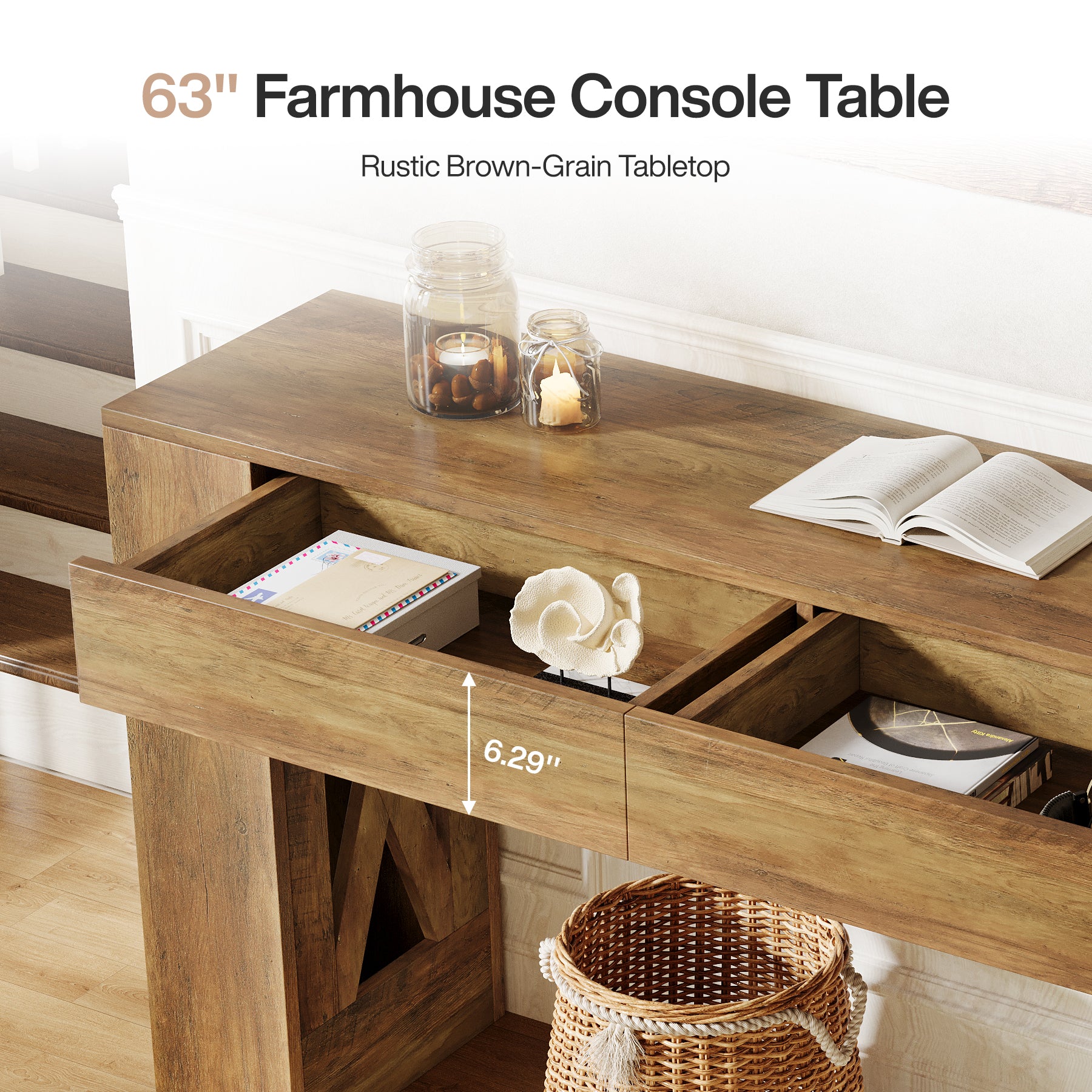 63" Console Table, Narrow Sofa Table with 2 Drawers and X-Shaped Legs - Image 8