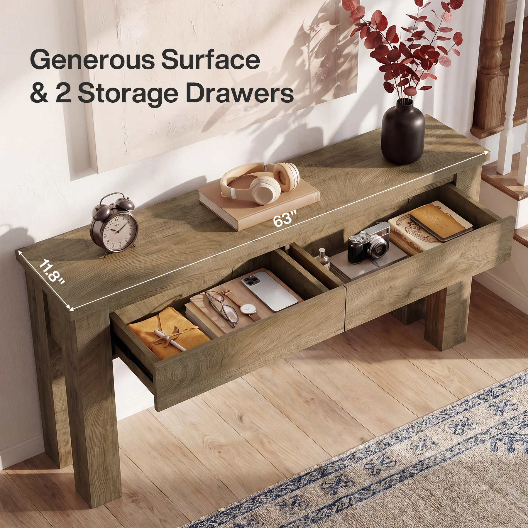 63" Console Table with 2 Drawers, Farmhouse Entryway Sofa Table Behind Couch - Image 6