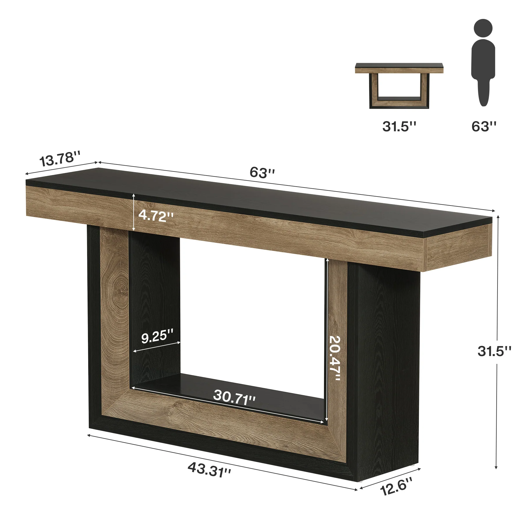 63" Console Table with U-Shaped Base, 2-Tier Narrow Sofa Table for Entryway - Image 2