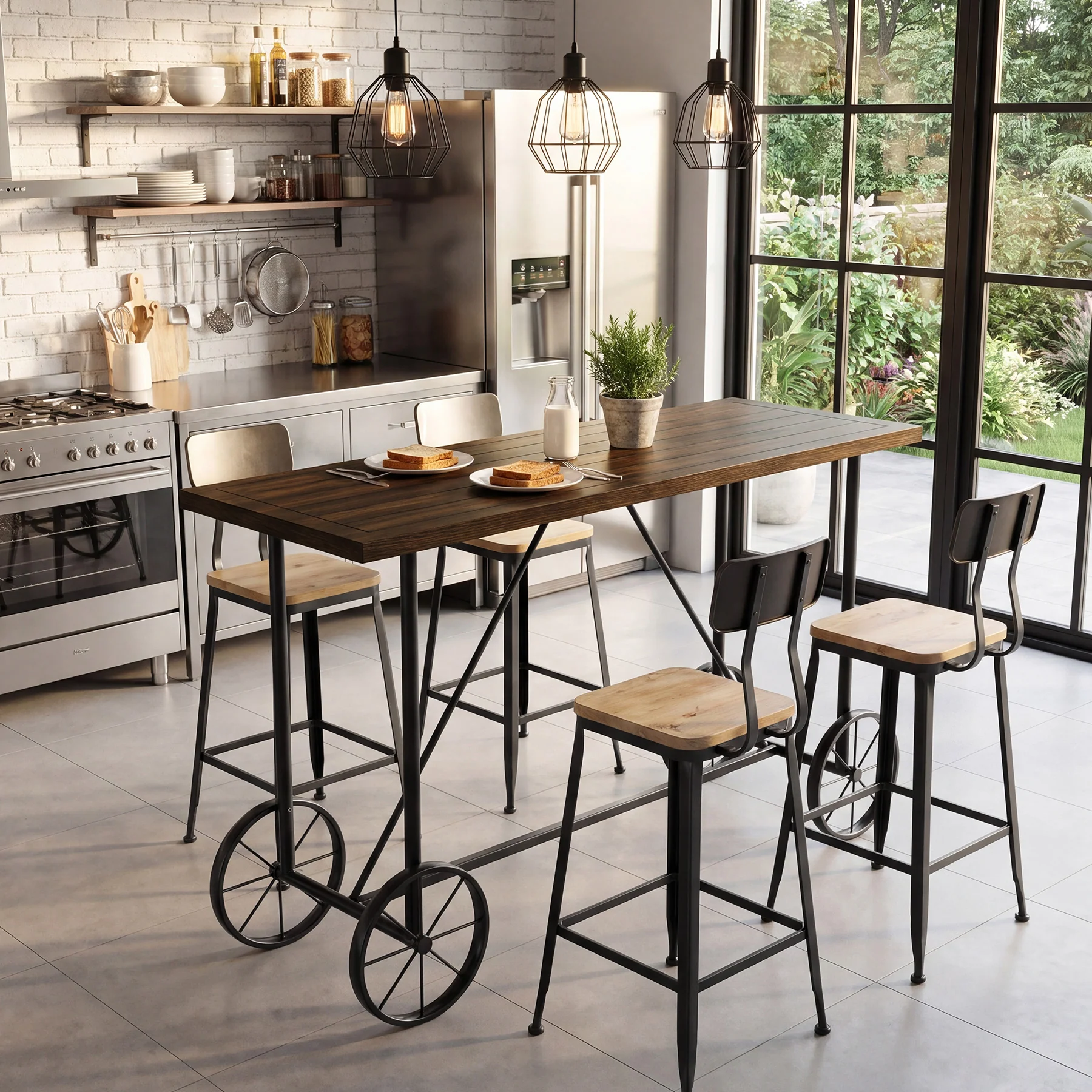 63" Bar Table, Industrial Counter Height Dining Table with Bicycle-Inspired Metal Base - Image 4
